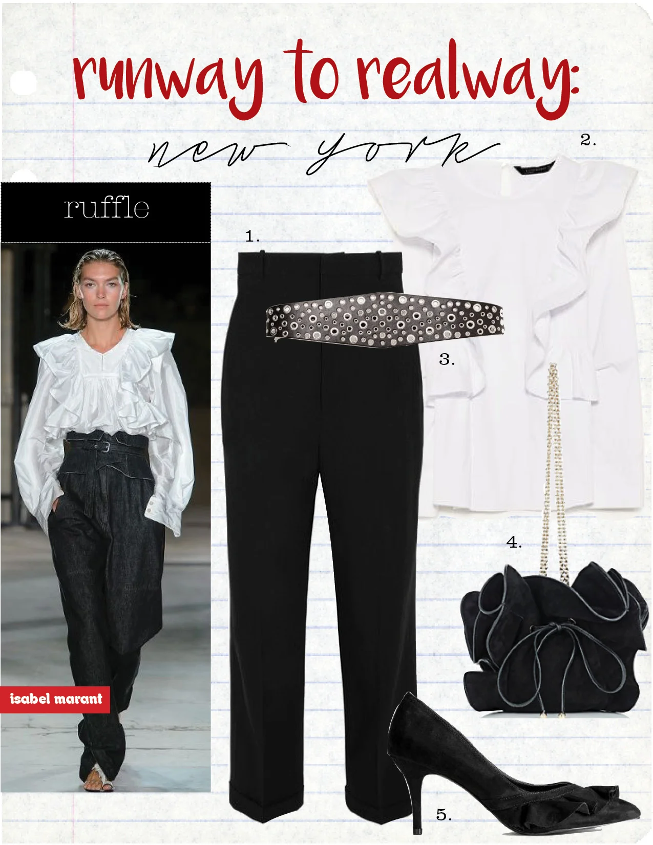 1. jacquemus cropped wool-crepe tapered pants, $570, net-a-porter.com 2. zara frilled poplin top, $49, zara.com 3. zara sash-style belt, $29, zara.com 4. nina ricci lily small bucket bag, $1790, barneys.com 5. h&m pumps with ruffle, $19, hm.com