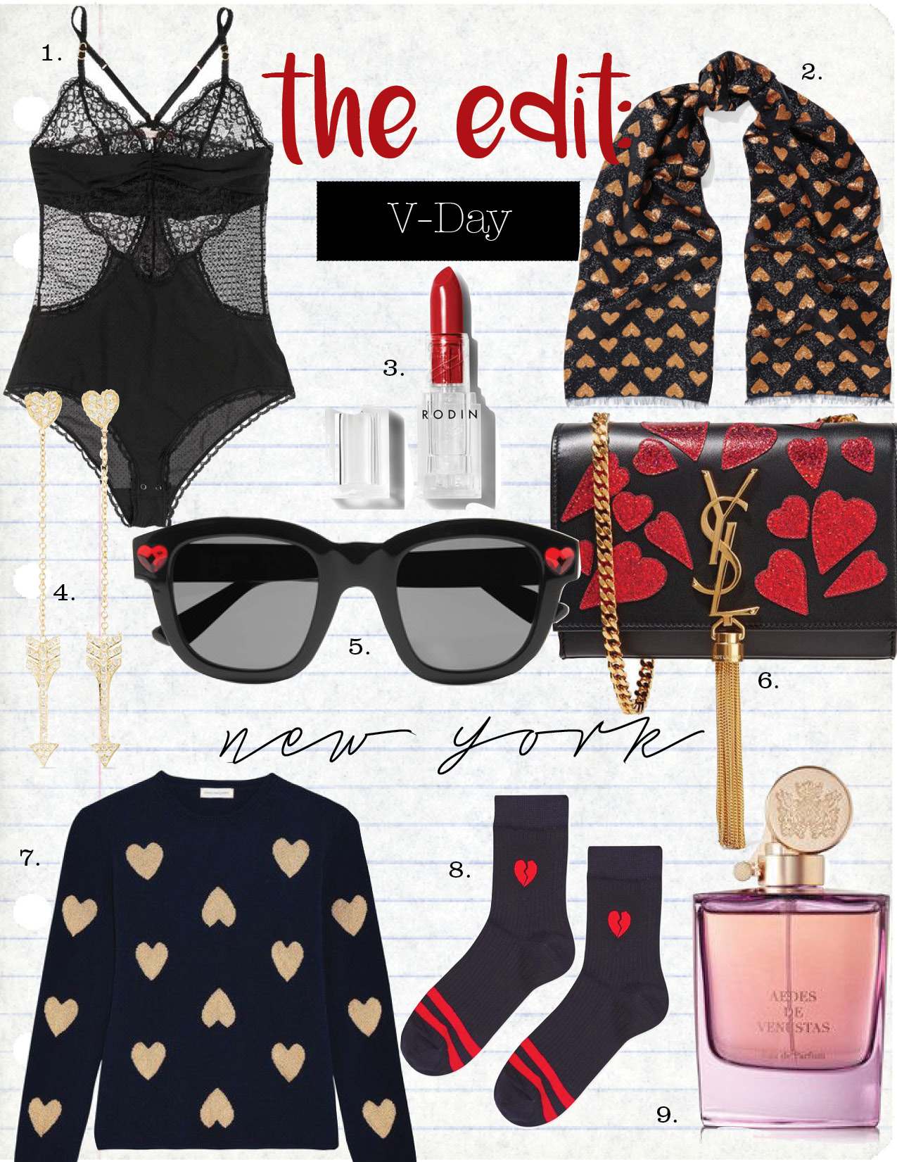 1. stella mccartney lace-paneled stretch-jersey bodysuit, $165, net-a-porter.com 2. gucci intarsia metallic knitted scarf, $270, net-a-porter.com 3. RODIN LUXURY LIPSTICK-RED HEDY, $38, VIOLETGREY.COM 4. JENNIFER MEYER HEART&MINI ARROW 18KARAT GOLD DIAMOND EARRINGS, $3250, NET-A-PORTER.COM 5. SAINT LAURENT LOLITA CRYSTAL-EMBELLISHED SUNGLASSES, $470, NET-A-PORTER.COM 6. SAINT LAURENT MONOGRAMME KATE SMALL LEATHER SHOULDER BAG, $1990, NET-A-PORTER.COM 7. CHINTI AND PARKER WOOL AND CASHMERE-BLEND SWEATER, $450, NET-A-PORTER.COM 8. TOPSHOP EMOJI HEART BADGE SOCKS, $6, TOPSHOP.COM 9. AEDES DE VENUSTAS SIGNATURE EAU DE PARFUM- RHUBARB & INCENSE, $245, NET-A-PORTER.COM