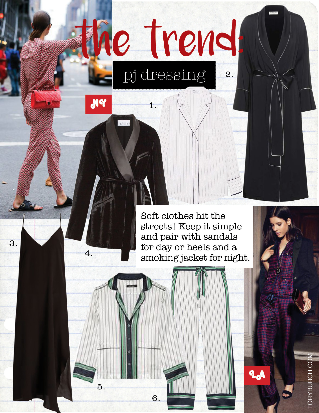 1. frame striped silk shirt, $275, net-a-porter.com 2. balenciaga satin robe, $2050, mytheresa.com 3. raey asymmetric-hem silk slip dress, $225, Matchesfashion.com 4. raey velvet smoking jacket, $743, matchesfashion.com 5. kate moss for equipment lake striped silk-satin pajama shirt, $275, net-a-porter.com 6. kate moss for equipment lake striped silk-satin pajama pants, $295, net-a-porter.com