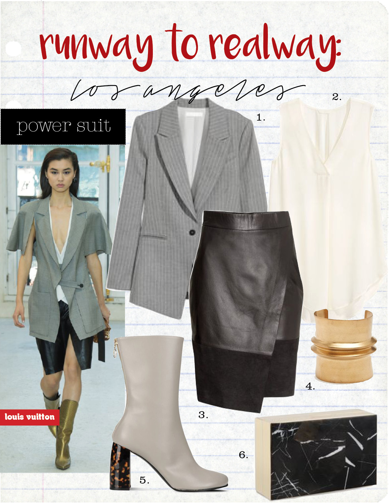 1. h&m long jacket, $29, hm.com 2. h&m creped blouse, $17, hm.com 3. h&m leather wrap skirt, $69, hm.com 4. etro ridges cuff, $264, matchesfashion.com 5. stella maccartney turtledove high ankle boots, $1070, stellamaccartney.com 6. stella maccartney black stones clutch bag, $1720, stellamaccartney.com