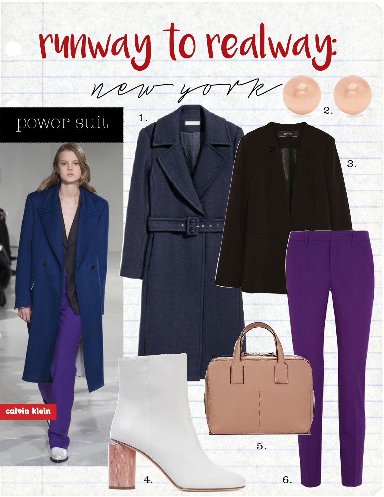 1. h&m coat with belt, $49, hm.com 2. j.w.anderson sphere rose gold-plated earrings, $210, matchesfashion.com 3. zara black blazer without lapel, $69, zara.com 4. acne studios althea ankle boots, $800, net-a-porter.com 5. loewe goya duffle bag, $2450, barneys.com 6. gucci wool-blend straight-leg pants, $850, net-a-porter.com
