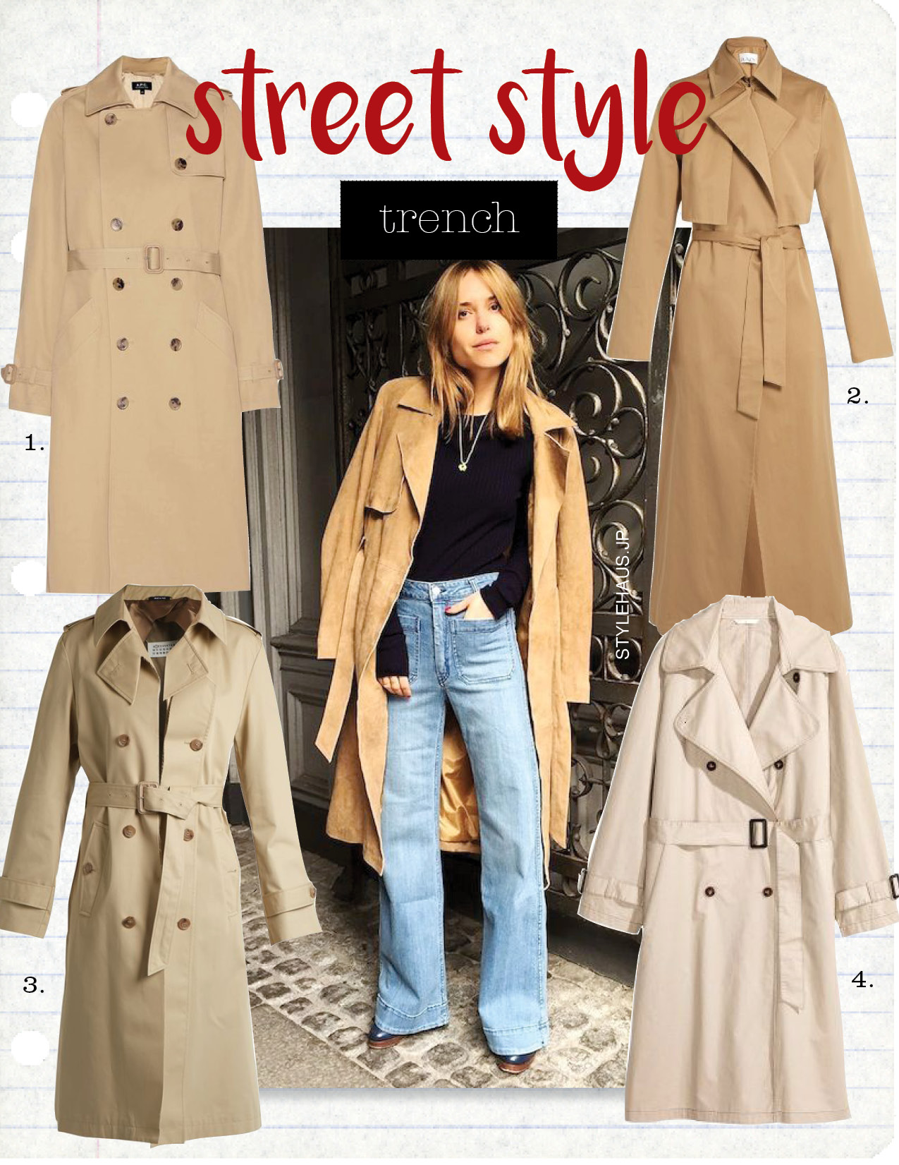 1. a.p.c. cotton trench coat, $660, mytheresa.com 2. Raey gabardine trench coat, $333, modalist.com 3. maison margiela water-repellent trench coat, $1,763, matchesfashion.com 4. h&m cotton trench coat, $39, hm.com