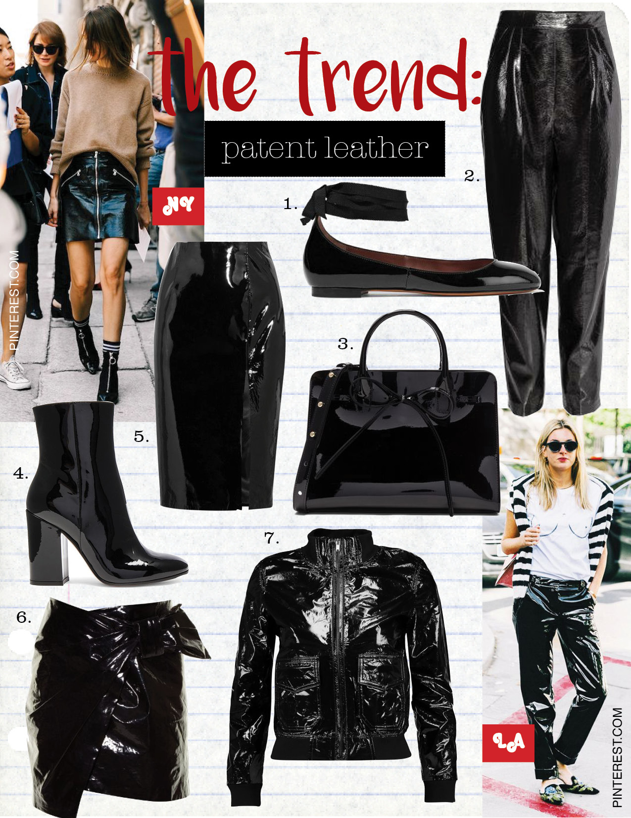 1. tabitha simmons daria lace-up patent-leather ballet flats, $595, net-a-porter.com 2. h&m patent pants $59, h&m.com 3. mansur gavriel mini sun bag $595, fwrd.com 4. gianvito rossi patent leather rolling high booties, $995, fwrd.com 5. topshop unique patent-leather pencil skirt, $420, net-a-porter.com 6. isabel marant anders knot mini skirt, $371, matchesfashion.com 7. r13 bowie textured patent-leather biker jacket, $518, theoutnet.com