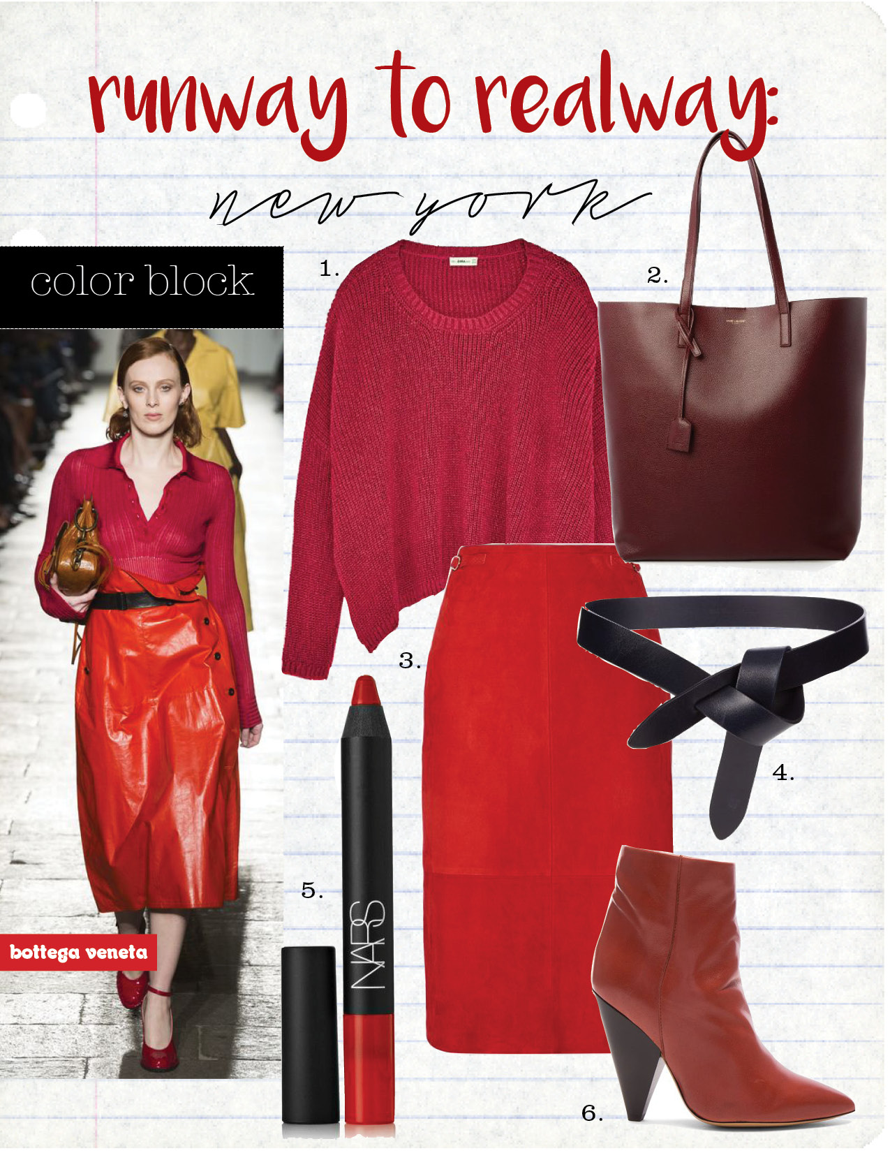 1. zara boatneck sweater, $39, zara.com 2. saint laurent medium leather tote, $995, matchesfashion.com 3. gabriela hearst hewitt suede midi skirt, $2295, net-a-porter.com 4. isabel marant etoile lecce leather knot waist belt, $125, matchesfashion.com 5. nars velvet matte lip pencil - dragon girl, $27, net-a-porter.com 6. isabel marant leather leydoni booties, $940, fwrd.com