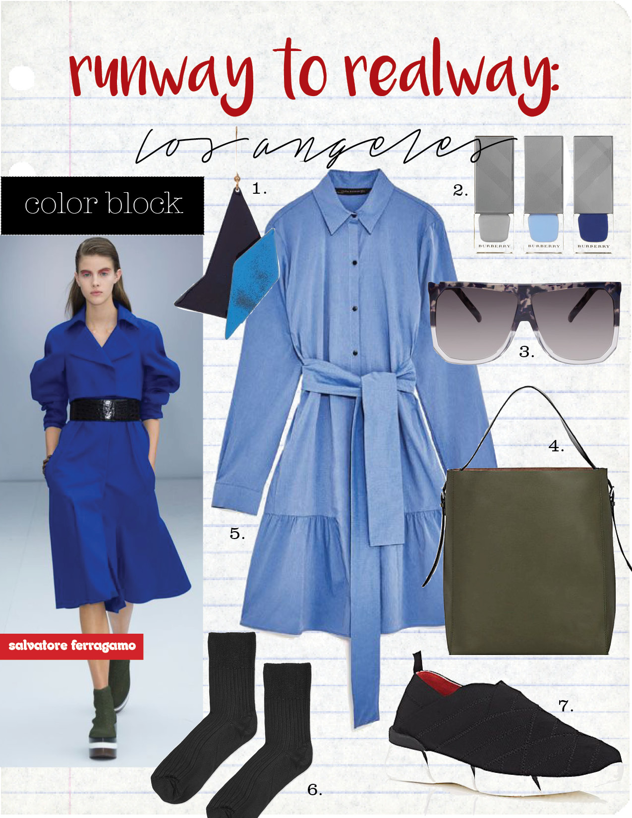 1. stella mccartney abstract-shaped earring, $410, matchesfashion.com 2. burberry beauty nail polish set, $69, net-a-porter.com 3. loewe blue filipa sunglasses, $450, ssense.com 4. valextra sacca medium hobo bag, $2150, barneys.com 5. zara shirt-style tunic with frilled hem, $49, zara.com 6. topshop slinky ribbed ankle socks, $6, topshop.com 7. stella mccartney elastic slip-on sneakers, $480, barneys.com