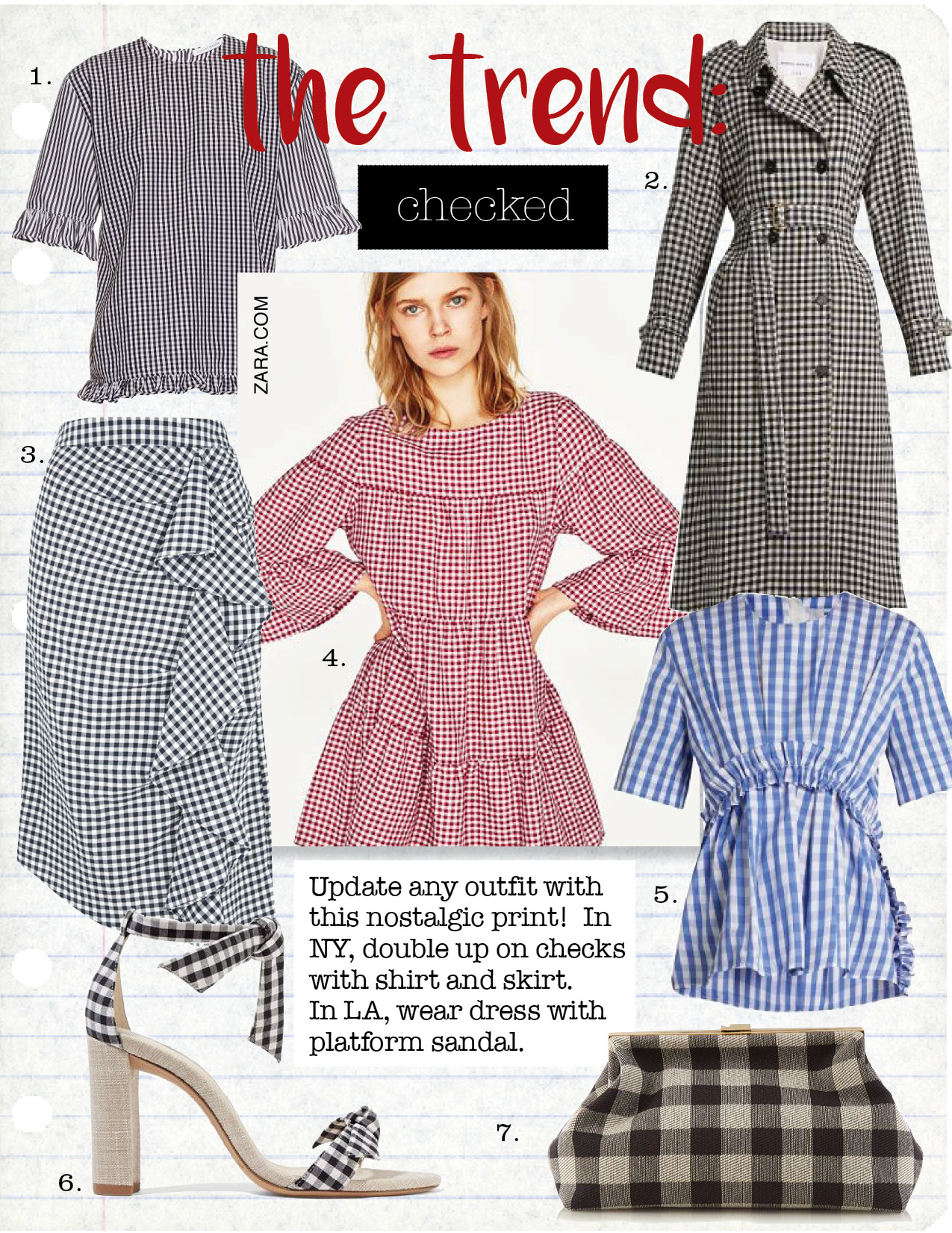 1. j.w.anderson gingham ruffled cotton top, $270, matchesfashion.com 2. sonia rykiel gingham wool trench coat, $1331, matchesfashion.com 3. topshop gingham ruffle midi skirt, $75, topshop.com 4. zara gingham mini dress, $49, zara.com 5. msgm gingham ruffle-trimmed cotton top, $237, matchesfashion.com 6. alexandre birman clarita gingham and canvas sandals, $495, net-a-porter.com 7. mansur gavriel volume gingham clutch, $606, matchesfashion.com