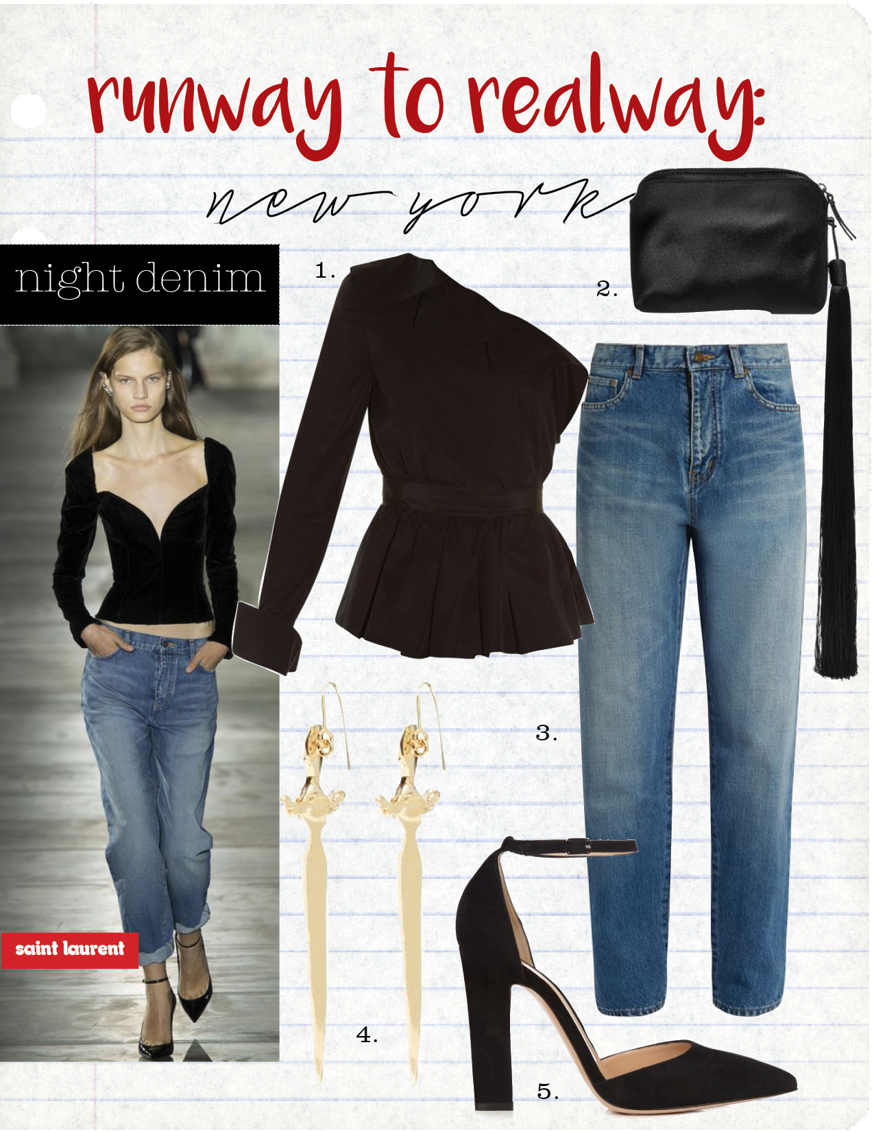 1. fendi one-shoulder peplum-hem cotton top, $1090, matchesfashion.com 2. the row wristlet mini tasseled satin clutch, $1090, net-a-porter.com 3. saint laurent low-slung boyfriend jeans, $525, matchesfashion.com 4. valentino sword-drop earrings, $437, matchesfashion.com 5. gianvito rossi mila point-toe suede pumps, $704, matchesfashion.com