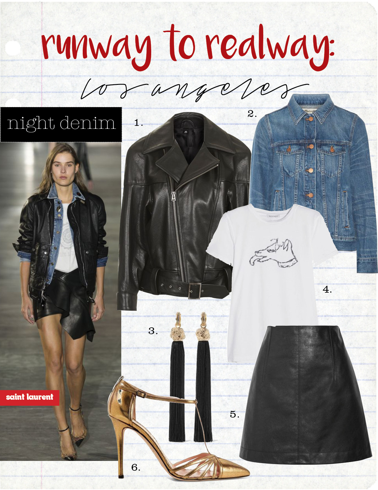 1. topshop 80's leather aviator jacket by boutique, $560, topshop.com 2. madewell classic jean denim jacket, $120, net-a-porter.com 3. saint laurent lou-lou gold plated tassel clip earrings, $595, net-a-porter.com 4. bella freud dog printed cotton-jersey t-shirt, $135, net-a-porter.com 5. chloe leather mini skirt, $1595, net-a-porter.com 6. sjp by sarah jessica parker carrie metallic leather pumps, $355, net-a-porter.com