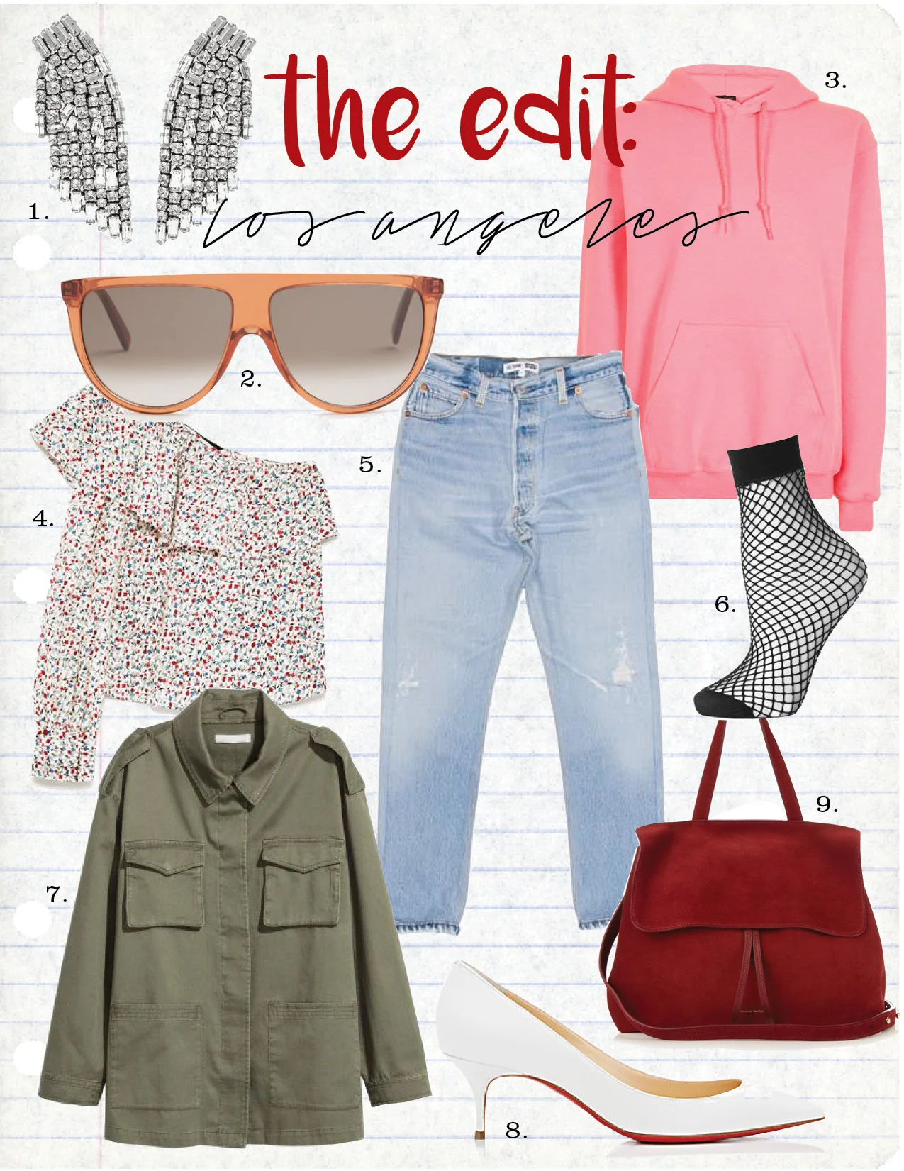 1. saint laurent smoking crystal-embellished earrings, $856, matchesfashion.com 2. celine shadow flat-top sunglasses, $275, matchesfashion.com 3. topshop oversized hoodie, $50, topshop.com 4. zara asymmetric blouse, $39, zara.com 5. re/done cropped jeans, $291, shopspring.com 6. topshop fishnet ankle sock, $8, topshop.com 7. h&m cargo jacket, $49, hm.com 8. christian louboutin pigalle follies pumps, $675, barneys.com 9. mansur gavriel lady top-handle suede bag, $906, matchesfashion.com