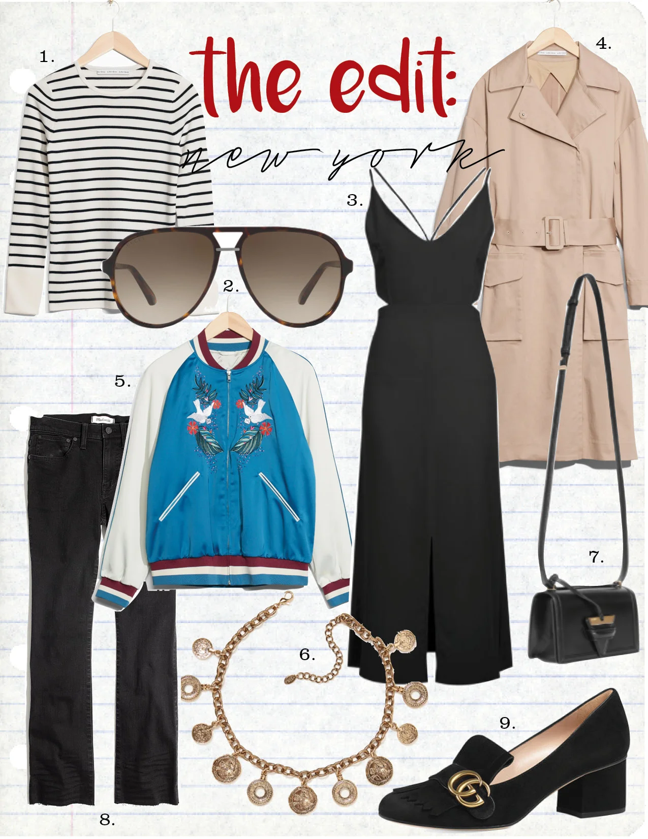 1. and other stories nautica sweater, $65, stories.com 2. gucci tortoise aviator sunglasses, $385, sunglasseshut.com 3. topshop cut midi slip dress, $70, topshop.com 4. and other stories voluminous trench coat, $245, stories.com 5. and other stories embroidered satin bomber jacket, $145, stories.com 6. zara medallions necklace, $22, zara.com 7. loewe barcelona small black bag, $1690, theline.com 8. madewell cali demi-boot jeans in kane wash, $128, madewell.com 9. gucci marmont fringe suede black loafer, $750, bergdorfgoodman.com