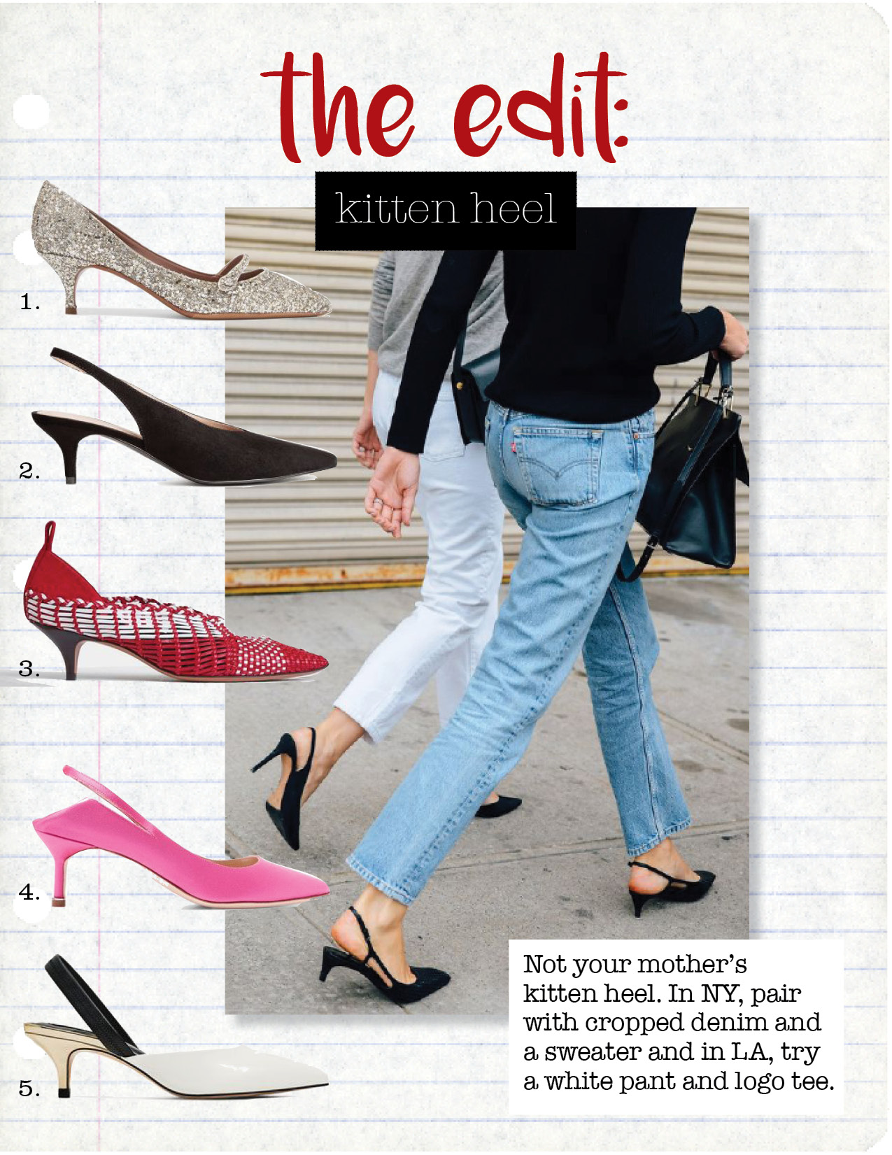 1. tabitha simmons layton glittered pumps, $725, net-a-porter.com 2. h&m black faux suede slingbacks, $29, hm.com 3. celine woven check v neck pump in red and white kidskin, $1350, celine.com 4. vetements + manolo blahnik satin slingback pumps, $1585, net-a-porter.com 5. zara contrasting slingback heeled shoes, $29, zara.com