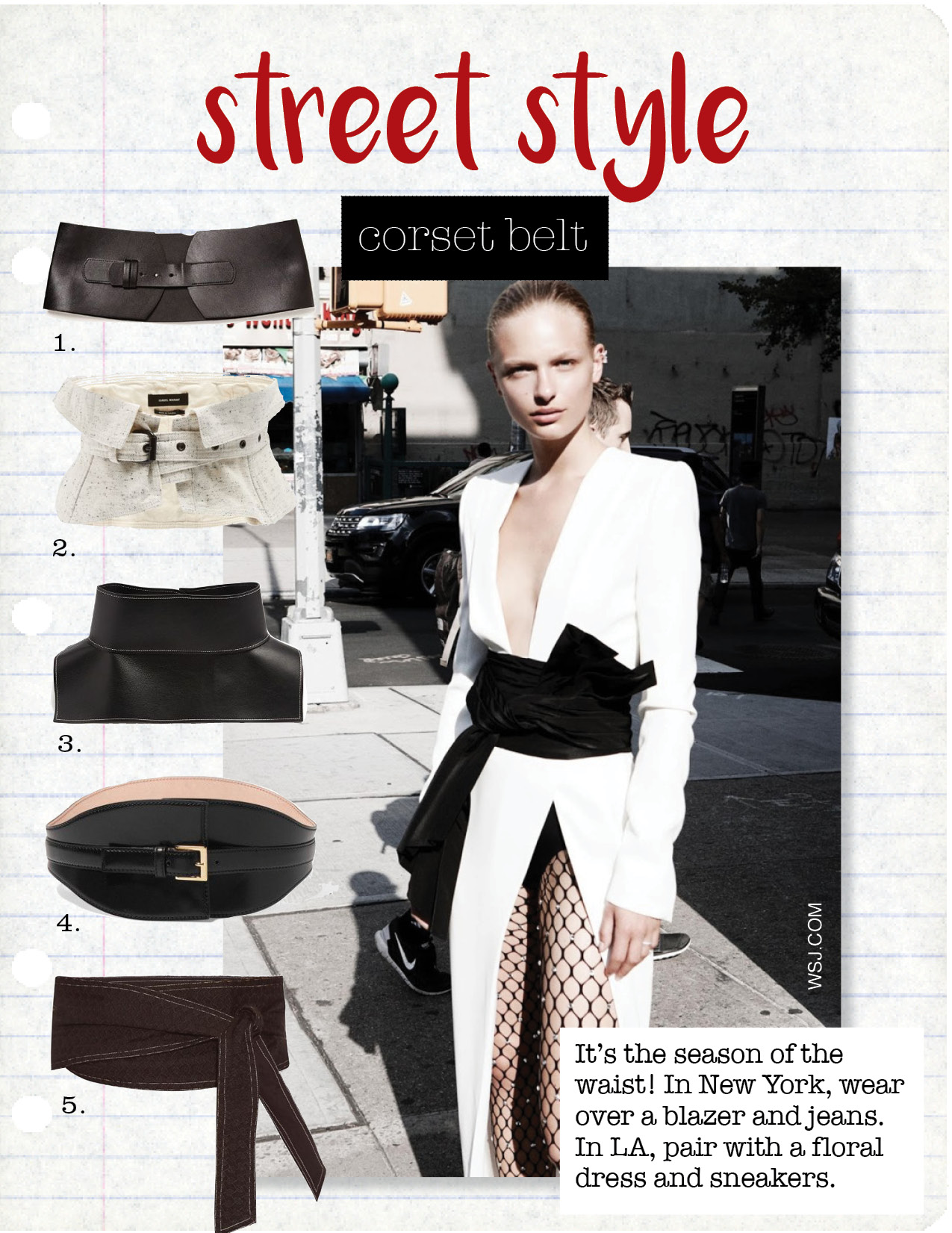 1. zara black corset, $25, zara.com 2. isabel marant erika wrapped cotton waist belt, $281, matchesfashion.com 3. loewe obi leather belt, $718, matchesfashion.com 4. alexander mcqueen leather waist belt, $945, net-a-porter.com 5. cecilie copenhagen wrap belt, $71, matchesfashion.com