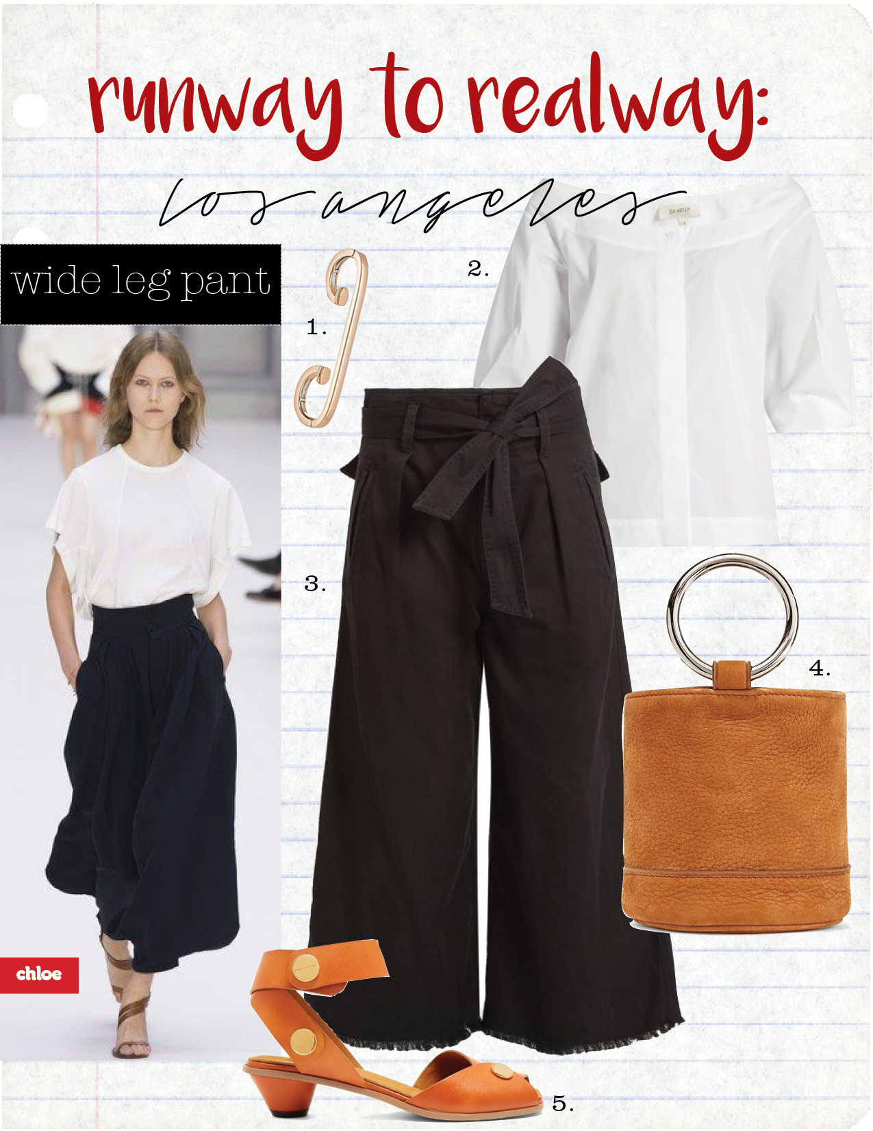1. repossi staple ear cuff, $3750, barneys.com 2. isa arfen boat-neck top, $338, matchesfashion.com 3. isabel marant etoile odea wide-leg frayed-hem trousers, $305, matchesfashion.com 4. simon miller bonsai 15 nubuck bucket bag, $390, barneys.com 5. stella mccartney collection cone-heel faux leather sandals, $505, matchesfashion.com