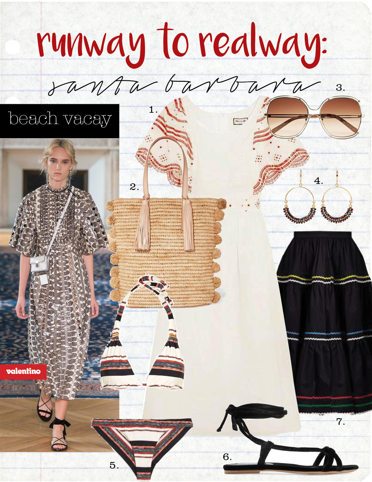 1. paul&joe broderie anglaise-trimmed cotton dress, $510, net-a-porter.com 2. loeffler randall cruise pompom-embellished woven raffia tote, $350, net-a-porter.com 3. chloe isadora gold-tone square-frame sunglasses, $450, net-a-porter.com 4. isabel marant gold-tone beaded hoop earrings, $165, net-a-porter.com 5. vix thai striped triangle bikini top, $100, bottom, $90, net-a-porter.com 6. gabriela hearst velevt sandals, $595, net-a-porter.com 7. anna october ric-rac trimmed cotton skirt, $525, matchesfashion.com