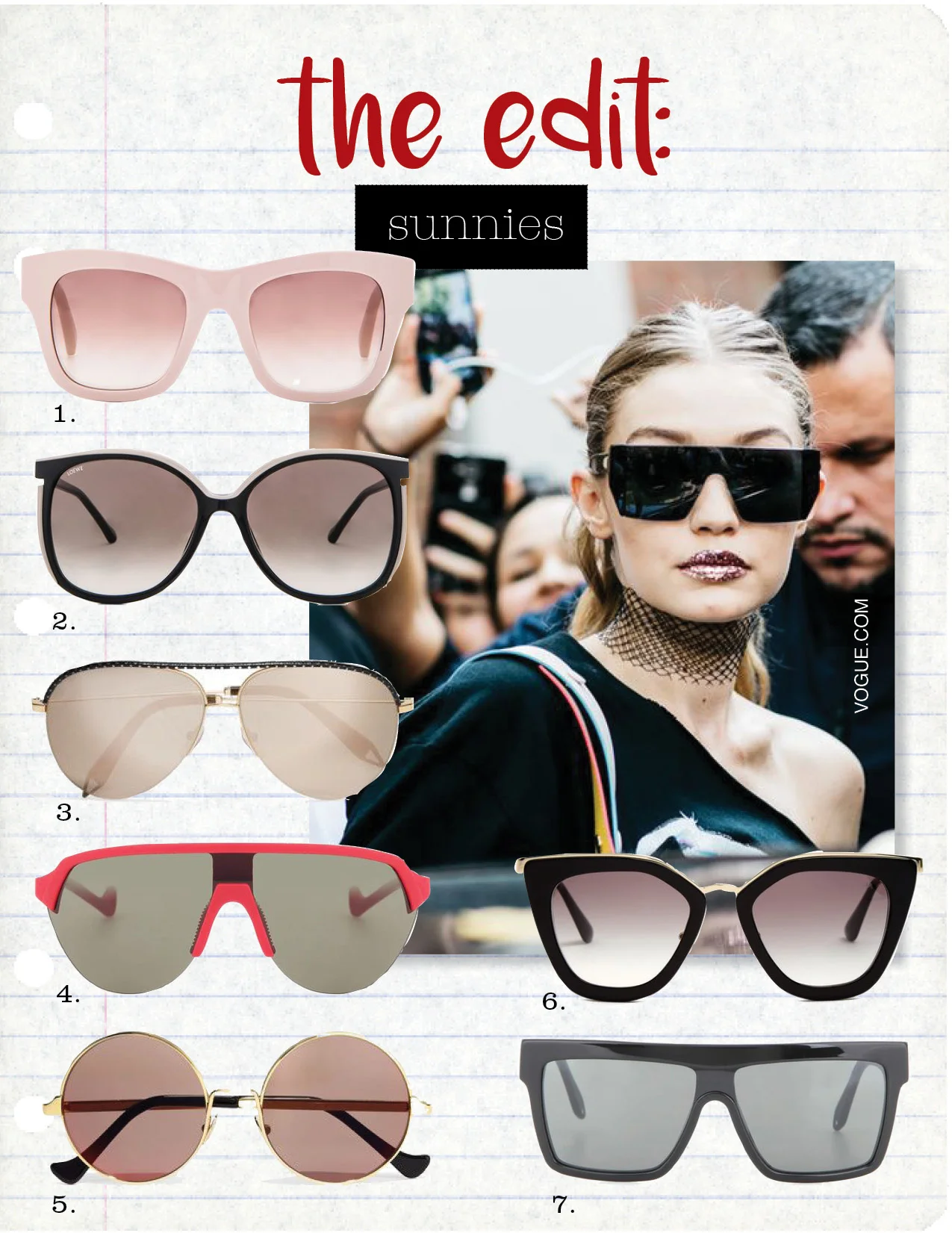 1. stella maccartney square chain sunglasses, $400, fwrd.com 2. loewe vedra sunglasses, $330, fwrd.com 3. victoria beckham aviator gold-tone mirrored sunglasses, $980, net-a-porter.com 4. district vision nagata district sky g15 sunglasses, $270, mytheresa.com 5. cutler and gross round-frame gold plated sunglasses, $400, net-a-porter.com 6. prada eyewear cat-eye acetate sunglasses, $311, matchesfashion.com 7. victoria beckham flat top visor sunglasses, $450, mytheresa.com