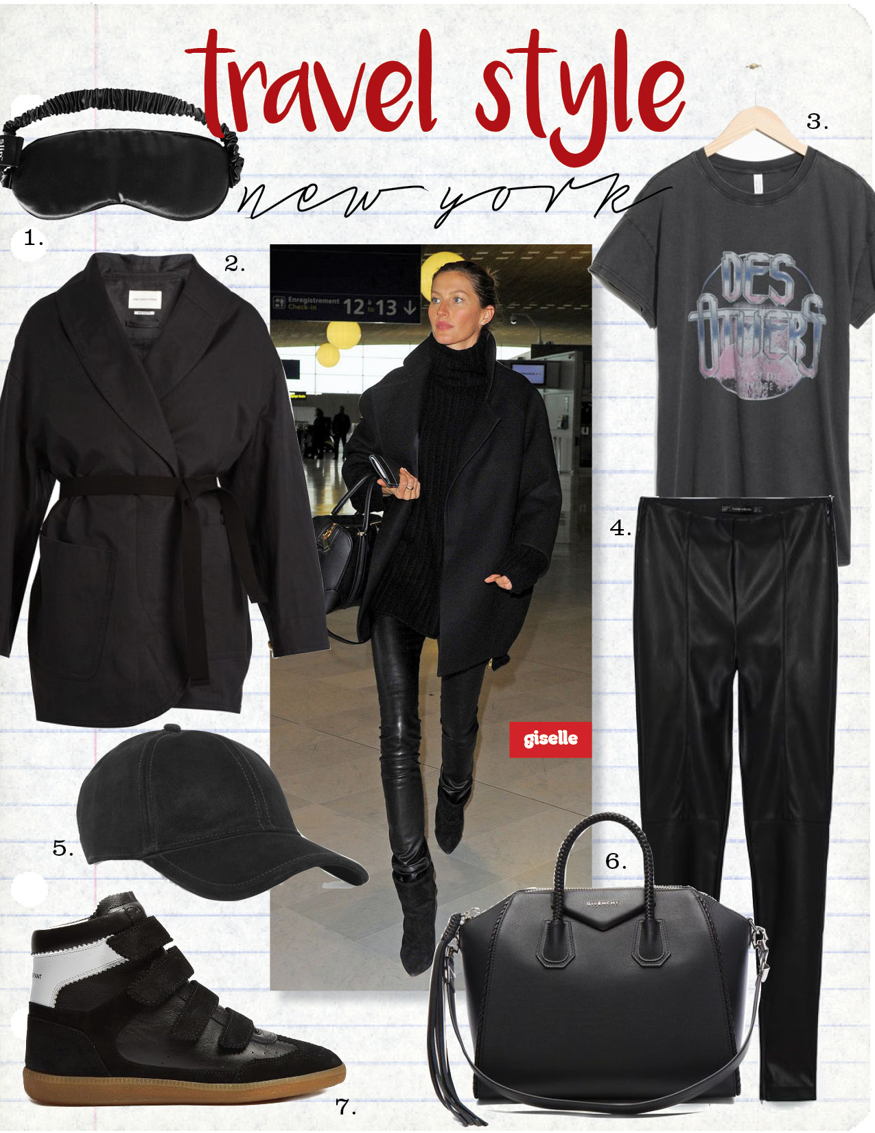 1. slip silk eye mask, $45, net-a-porter.com 2. isabel marant ilona tie-waist cotton and linen blend coat, $506, matchesfashion.com 3. and other stories print tee, $39, stories.com 4. zara leather effect leggings, $29, zara.com 5. rag&bone marilyn suede baseball cap, $150, net-a-porter.com 6. givenchy medium braided leather antigona bag, $2995, fwrd.com 7. isabel marant bilsy concealed-wedge leather trainers, $468, matchesfashion.com
