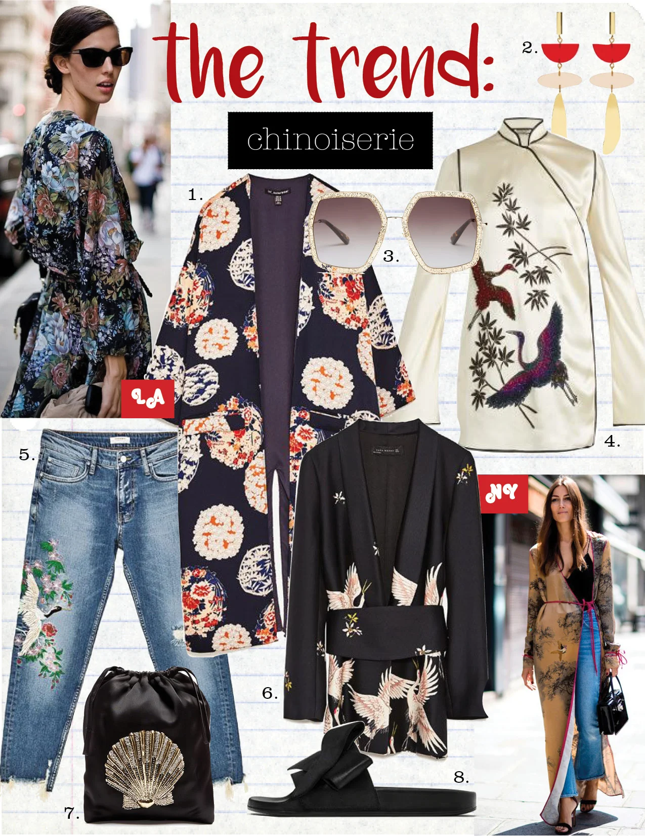 1. zara printed kimono jacket, $69, zara.com 2. isabel Marant other potatoes drop earrings, $245, matchesfashion.com 3. gucci oversized hexagon-frame sunglasses, $260, matchesfashion.com 4. attico elena heron-embellished satin kimono dress, $1769, matchesfashion.com 5. zara mid-rise boyfriend jean, $69, zara.com 6. zara printed jacket with sash belt, $149, zara.com 7. attico sofia seashell-embroidered satin pouch, $392, matchesfashion.com 8. zara satin bow slides, $39, zara.com