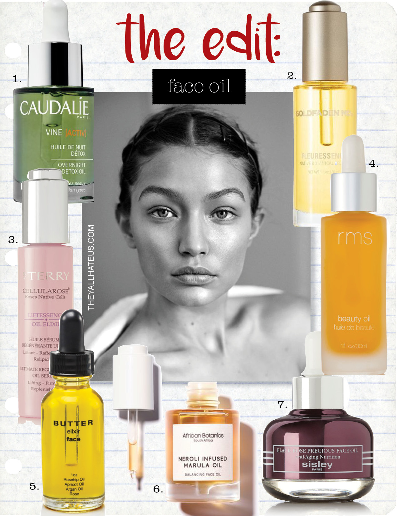 1. caudalie vine(activ)overnight detox night oil, $50, sephora.com 2. goldfaden fleuressence native botanical cell oil, $129, net-a-porter.com 3. by terry cellularose liftessence oil elixir, $140, net-a-porter.com 4. rms beauty oil, $78, net-a-porter.com 5. butter elixir face oil, $48, butterelixir.com 6. african botanics neroli infused marula oil, $120, violetgrey.com 7. sisley-paris black rose oil, $235, violetgrey.com