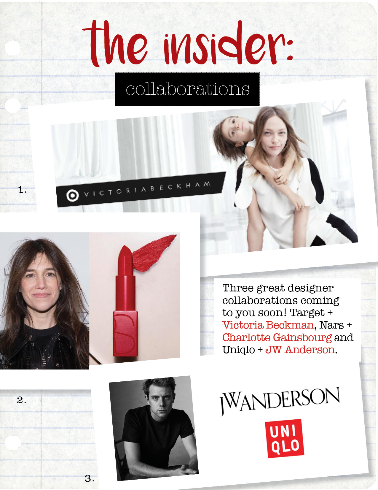 1. victoria beckham for target, target.com 2. charlotte gainsbourg for nars, narscosmetics.com 3. jw anderson for uniqlo, businessoffashion.com