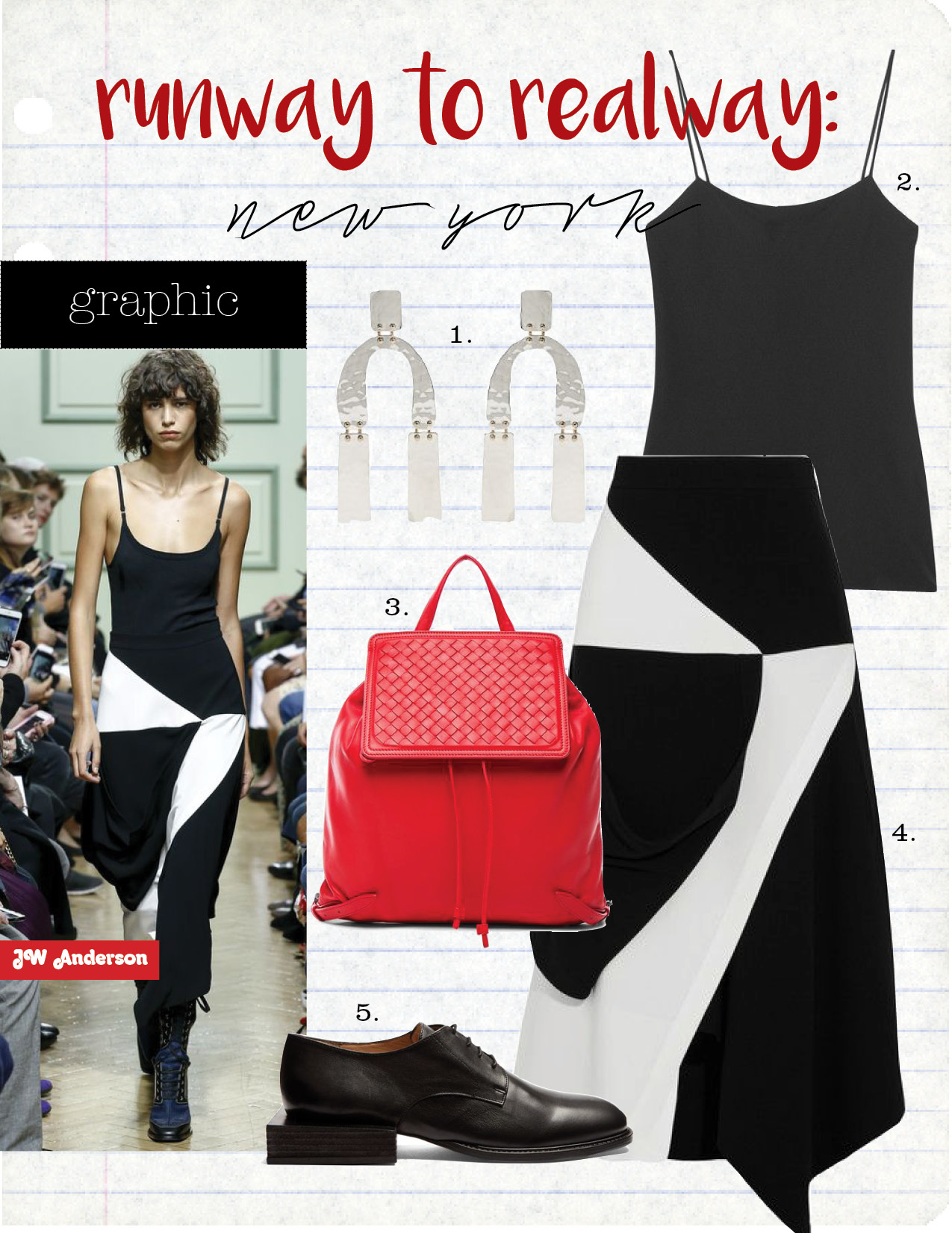 1. proenza schouler abstract-shaped hammered drop earrings, $567, matchesfashion.com 2. the row biggins matte-satin camisole, $350, net-a-porter.com 3. bottega veneta woven leather backpack, $2450, fwrd.com 4. j.w.anderson asymmetric wrap-effect crepe skirt, $995, net-a-porter.com 5. jacquemus sculptured-heel leather brogues, $510, matchesfashion.com