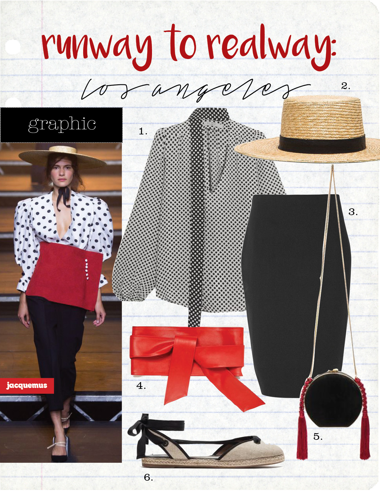 1. rixo london draped polka-dot silk-crepe blouse, $285, net-a-porter.com 2. janessa leone klint hat, $180, fwrd.com 3. the row larem stretch-scuba pencil skirt, $390, net-a-porter.com 4. zara wide belt with bow, $25, zara.com 5. alessandra rich suede minaudiere bag, $780, fwrd.com 6. tabitha simmons kaya- natural linen, $425, theline.com