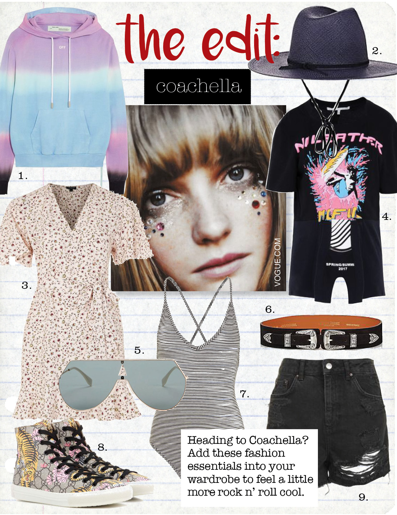 1. off-white tie-dye cotton-jersey hooded top, $570, net-a-porter.com 2. janessa leone morgan panama hat, $300, barneys.com 3. topshop daisy print ruffle tea dress, $190, topshop.com 4. stella mccartney laurel top, $645, stellamaccartney.com 5. fendi rose shield sunglasses, $505, intermixonline.com 6. maison boinet western belt, $325, barneys.com 7. topshop kendall stripe body, $35, topshop.com 8. gucci bengal high-top sneakers, $695, mytheresa.com 9. topshop moto high waisted rip mom short, $60, topshop.com