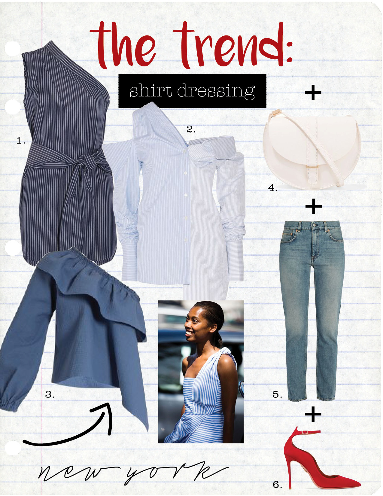 1. stella maccartney one-shoulder pinstriped cotton-poplin top, $605, net-a-porter.com 2. monse off-the-shoulder asymmetric striped cotton-dobby shirt, $1090, net-a-porter.com 3. rachel comey georgia asymmetric-ruffled cotton-blend top, $493, matchesfashion.com 4. clare v luce leather shoulder bag, $295, net-a-porter.com 5. acne studios boy festival jeans, $288, matchesfashion.com 6. aquazzura dolce vita suede pumps, $750, net-a-porter.com