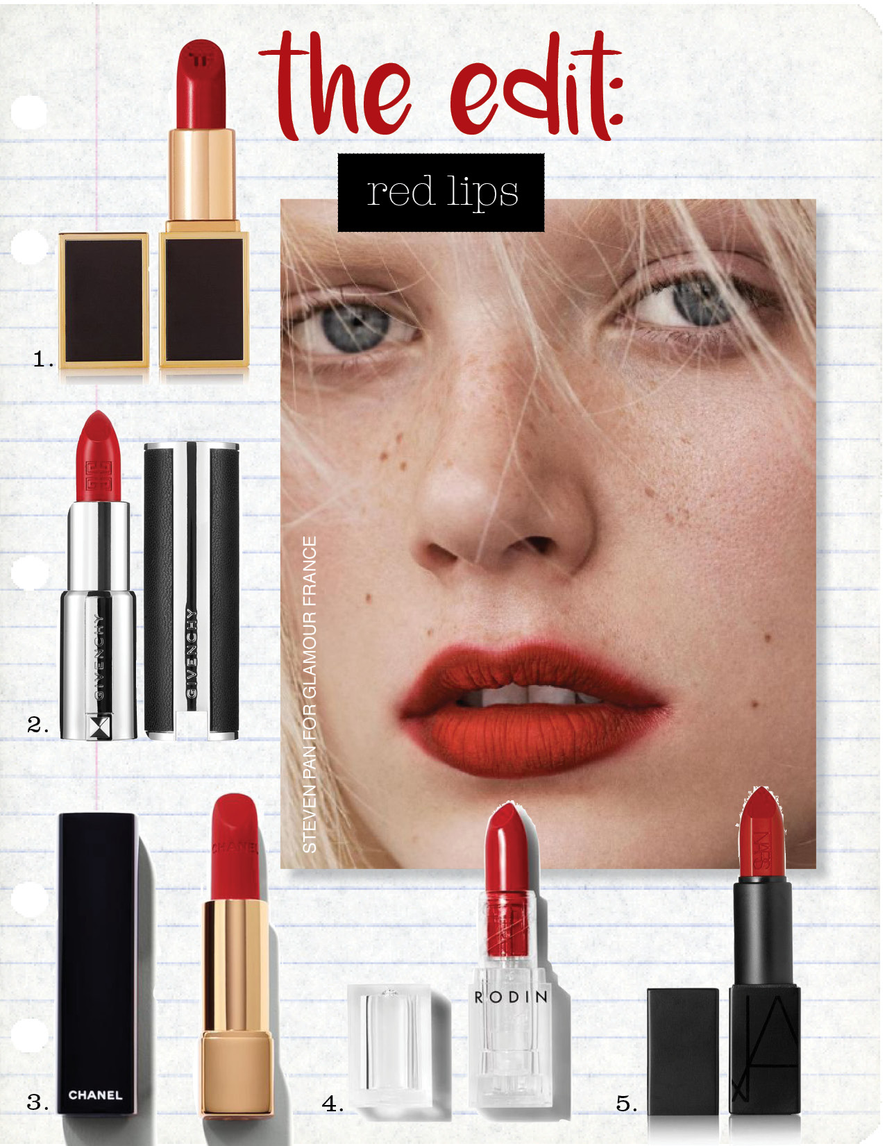 1. tom ford beauty lips & boys - dominic 02, $36, net-a-porter.com 2. givenchy le rouge - warm poppy red 306, $36, sephora.com 3. chanel rouge allure intense long-wear lip colour - passion 104, $37, violetgrey.com 4. rodin luxury lipstick - red hedy, $38, violetgrey.com 5. nars audacious lipstick - rita, $34, net-a-porter.com