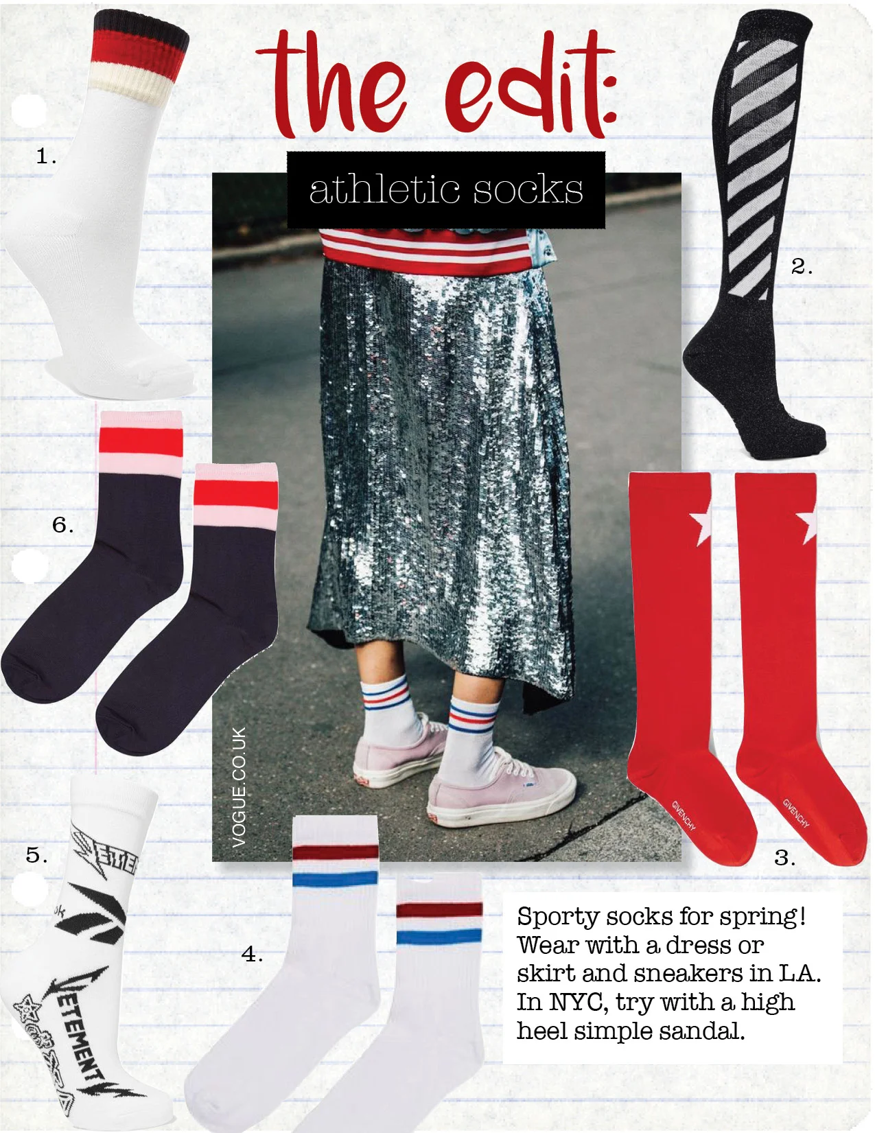 1. gucci striped stretch cotton-blend socks, $95, net-a-porter.com 2. off-white metallic striped cotton-blend socks, $80, net-a-porter.com 3. givency star-intarsia knitted socks, $290, net-a-porter.com 4. topshop sporty tube ankle socks, $6, topshop.com 5. vetements + reebok intarsia stretch cotton-blend socks, $80, net-a-porter.com 6. top shop large stripe welt ankle socks, $6, topshop.com