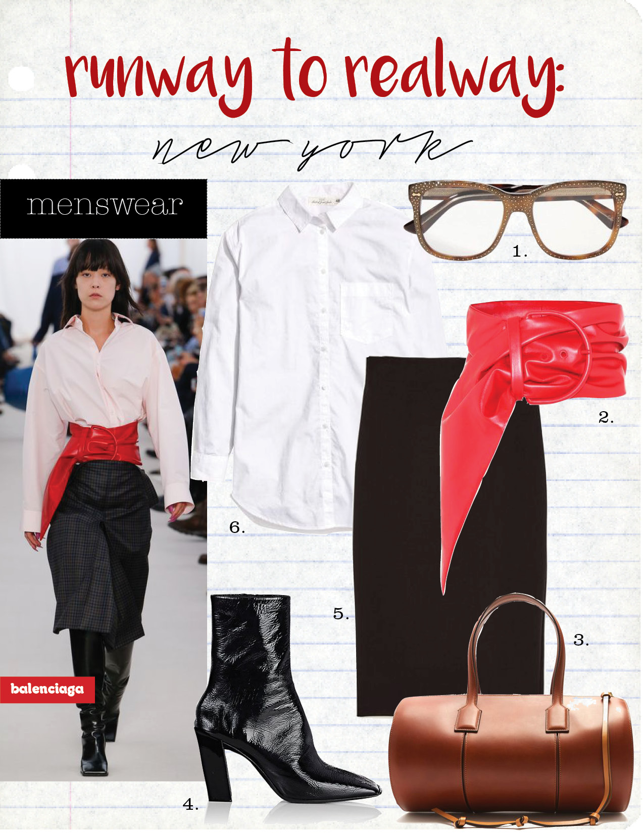 1. gucci crystal- embellished square- frame acetate glasses, $700, net-a-porter.com 2. balenciaga scarf leather belt, $825, mytheresa.com 3. loewe barrel medium leather tote, $1868, matchesfashion.com 4. balenciaga inclined-heel patent leather ankle booties, $1015, barneys.com 5. zara pencil skirt, $49, zara.com 6. h&m wide-cut cotton shirt, $19, hm.com