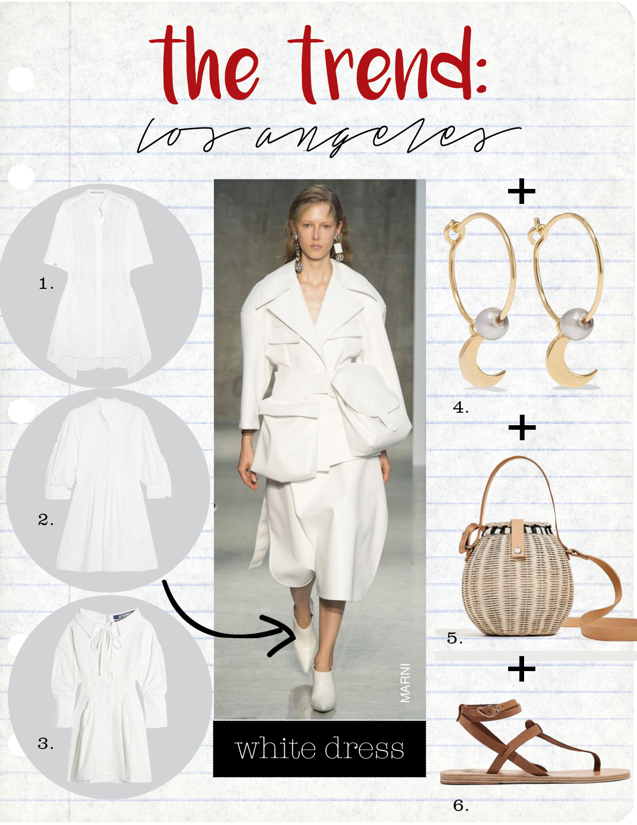 1. stella maccartney cotton-poploin dress, $765, net-a-porter.com 2. chloe pleated cotton-poplin dress, $1495, net-a-porter.com 3. jacquemus pintucked cotton mini dress, $525, net-a-porter.com 4. iam by ileana makri satelite moon gold-plated pearl earrings, $270, net-a-porter.com 5. zara raffia bucket bag, $59, zara.com 6. ancient greek sandals estia leather sandals, $225, net-a-porter.com