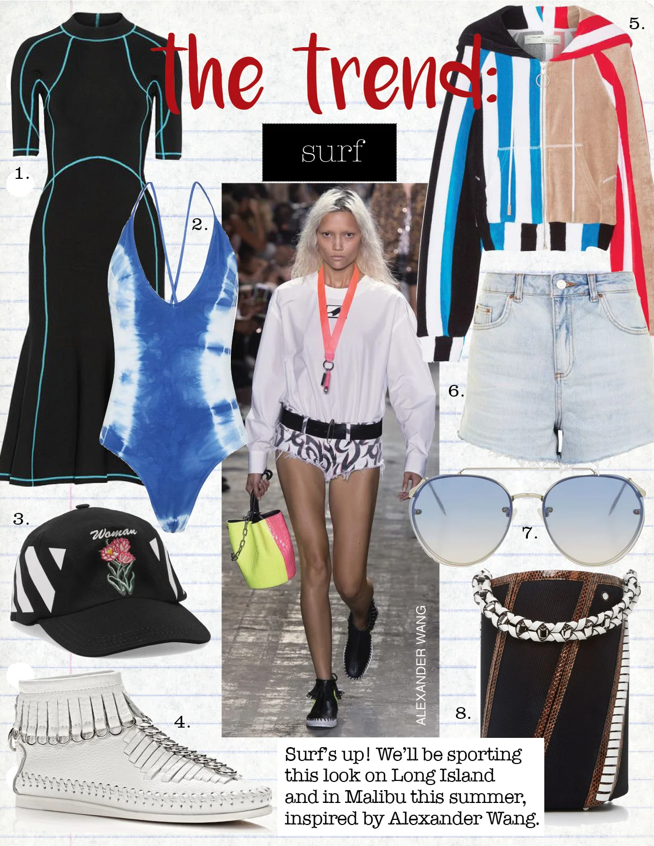 1. alexander wang lace-up stretch-knit midi dress, $995, net-a-porter.com 2. topshop tie dye bodysuit, $35, topshop.com 3. off-white embroidered cotton-twill cap, $130, net-a-porter.com 4. alexander wang fringe boot, $795, alexanderwang.com 5. off-white striped printed cotton-terry hooded top, $815, net-a-porter.com 6. topshop moto highwaisted mom shorts, $58, topshop.com 7. topshop small rimless aviator sunglasses, $35, topshop.com 8. proenza schouler hex medium tote, $1595, modaoperandi.com