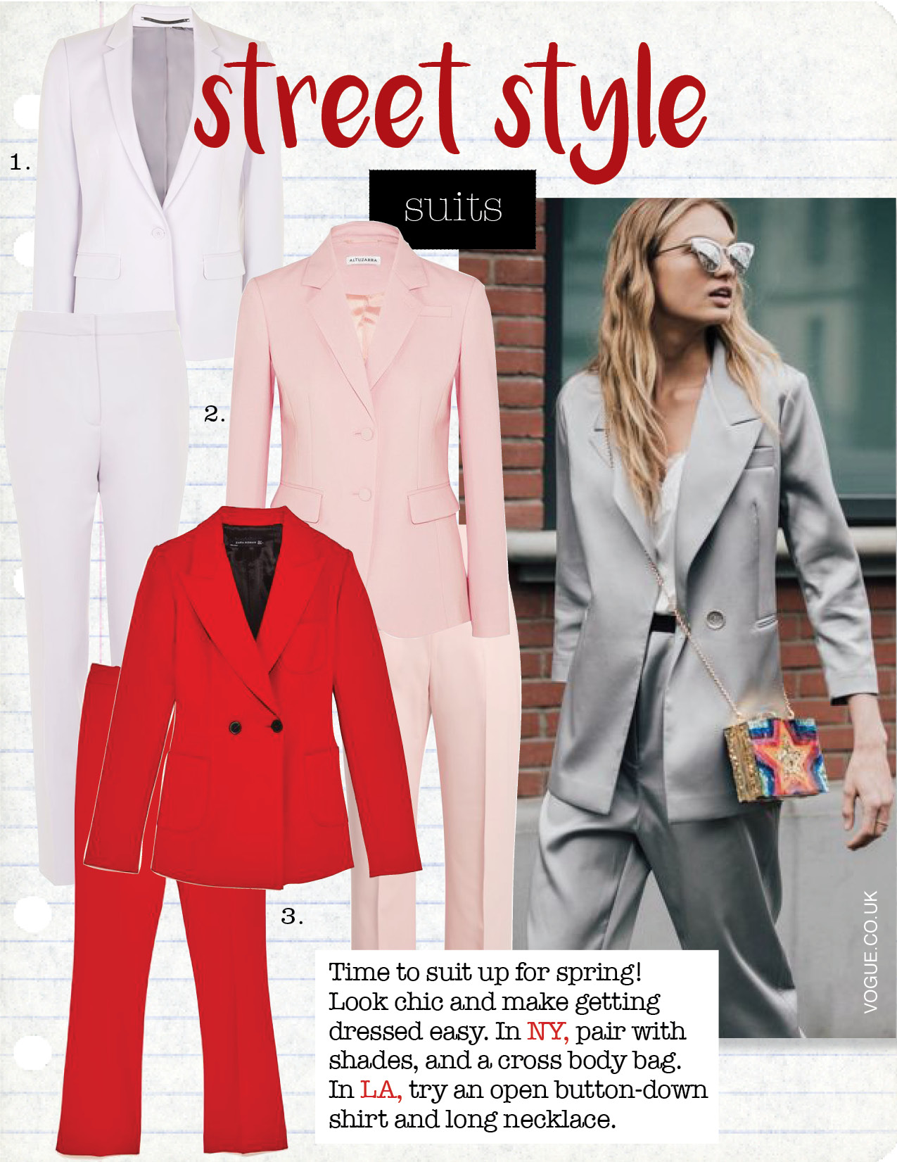 1. topshop tailored suit jacket, $125, topshop.com topshop tailored suit cigarette trousers, $68, topshop.com 2. altuzarra pique blazer, $1695, net-a-porter.com altuzarra cropped trousers, $641, matchesfashion.com 3. zara tailored jacket with buttons, $169, zara.com zara cropped straight-cut trousers, $69, zara.com