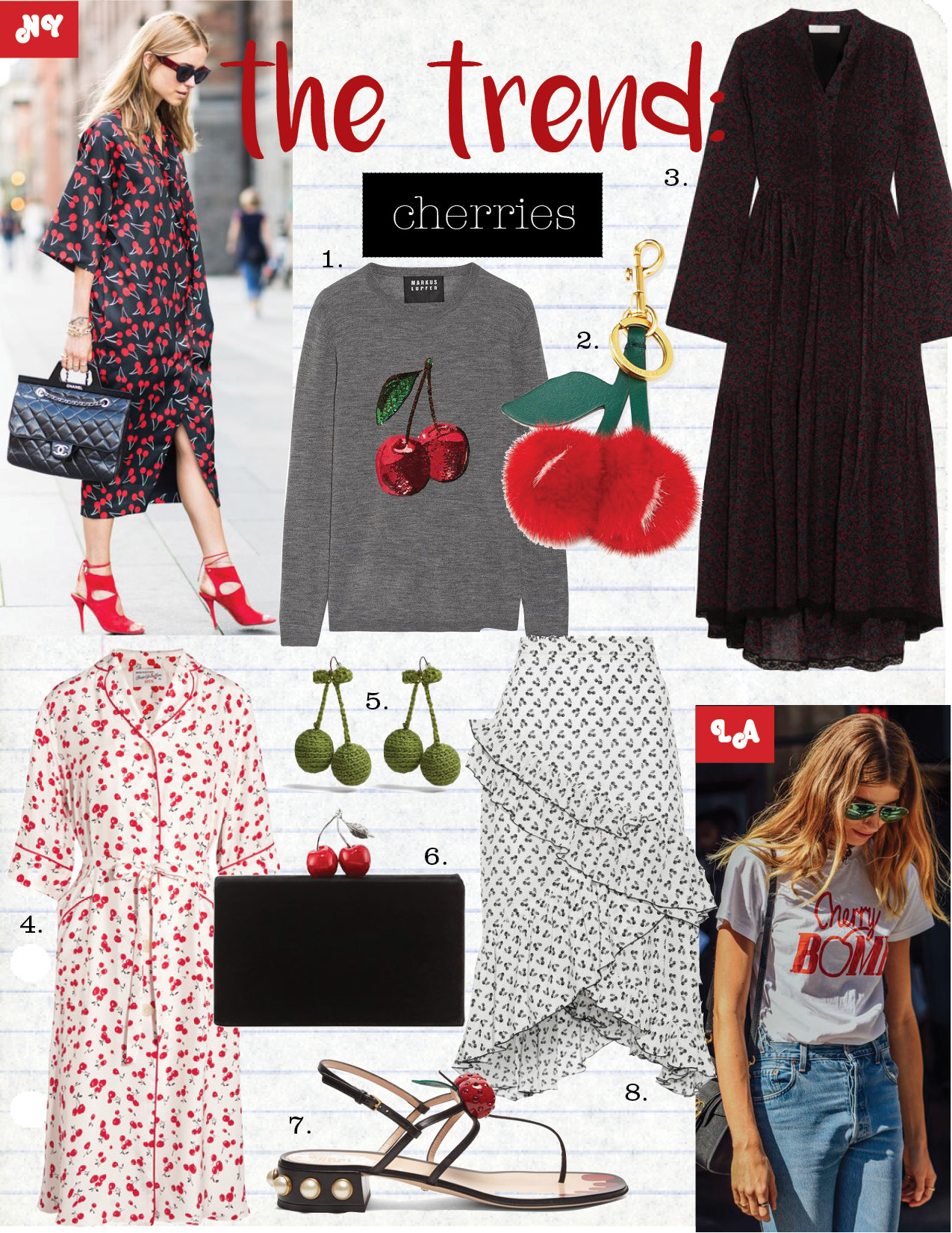 1. markus lupfer sequin-embellished merino wool sweater, $420, net-a-porter.com 2. anya hindmarch mink fur cherry key chain/bag charm, $545, bergdorfgoodman.com 3. chloe lace-trimmed printed cotton and silk-blend dress, $2595, net-a-porter.com 4. hvn cassie printed silk-satin dress, $775, net-a-porter.com 5. rosie assoulin cherries crochet earrings, $200, matchesfashion.com 6. edie parker jean cherry velvet clutch bag, $1195, bergdorfgoodman.com 7. gucci hatsumomo cherry-embellished leather sandals, $906, matchesfashion.com 8. altuzarra tucson ruffle-trimmed printed silk crepe de chine skirt, $1795, net-a-porter.com