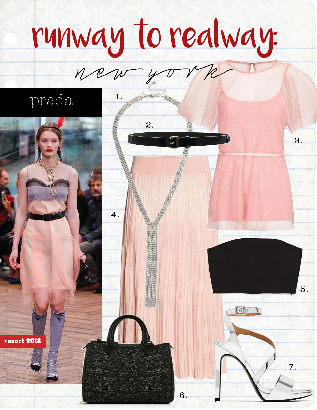 1. topshop drop glitter lariat necklace, $28, topshop.com 2. y project long double tongue belt, $313, fwrd.com 3. topshop spot mesh belted batwing top, $55, topshop.com 4. h&m calf-length skirt, $34, hm.com 5. zara corset with ribbons in back, $25, zara.com 6. zara fabric bowling bag, $69, zara.com 7. zara silver high heel, $49, zara.com