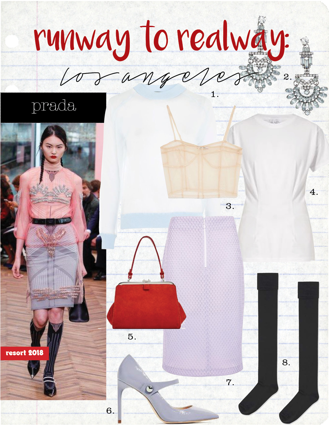 1. topshop sheer knit sweatshirt, $68, topshop.com 2. h&m rhinestone earrings, $5, hm.com 3. zara sheer corset camisole, $15, zara.com 4. raey darted cotton t-shirt, $106, matchesfashion.com 5. zara mini split suede city bag, $69, zara.com 6. zara patent finish high heel shoes with strap, $49, zara.com 7. topshop honeycomb midi skirt, $80, topshop.com 8. topshop black over the knee socks, $10, topshop.com