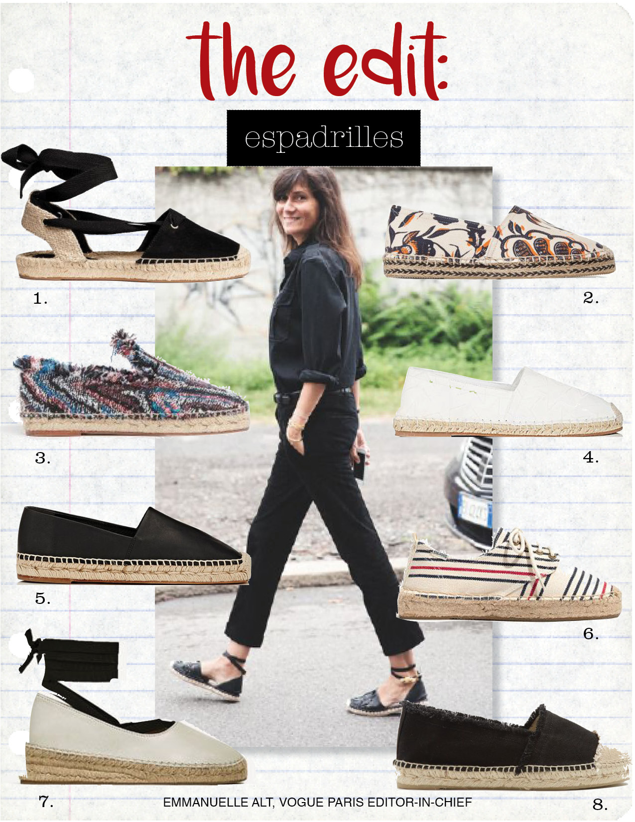 1. h&m espadrilles with lacing, $29, hm.com 2. isabel marant etoile canaee printed cotton-canvas espadrilles, $175, net-a-porter.com 3. iro spadry espadrilles, $366, iroparis.com 4. valentino camustars canvas espadrilles, $545, barneys.com 5. balenciaga square-toe espadrilles, $545, barneys.com 6. madewell soludos oxford lace-up platform slipper in stripe, $75, madewell.com 7. zara leather lace-up espadrilles, $49, zara.com 8. castaner kampala canvas espadrilles, $87, matchesfashion.com