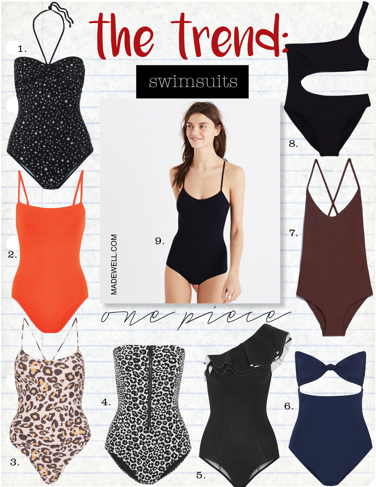1, diane von furstenberg printed halterneck swimsuit, $250, net-a-porter.com 2. eres les essentiels aquarelle swimsuit, $280, net-a-porter.com 3. topshop swimsuit by somedays lovin, $120, topshop.com 4. stella mccartney printed bandeau swimsuit, $245, net-a-porter.com 5. lisa marie fernandez arden ruffle swimsuit, $465, net-a-porter.com 6. mara hoffman knotted cutout swimsuit, $230, net-a-porter.com 7. matteau swim cross back maillot, $280, needsupply.com 8. zara asymmetric swimwear , $35, zara.com 9. madewell pale nero tie-strap one-piece swimsuit, $146, madewell.com