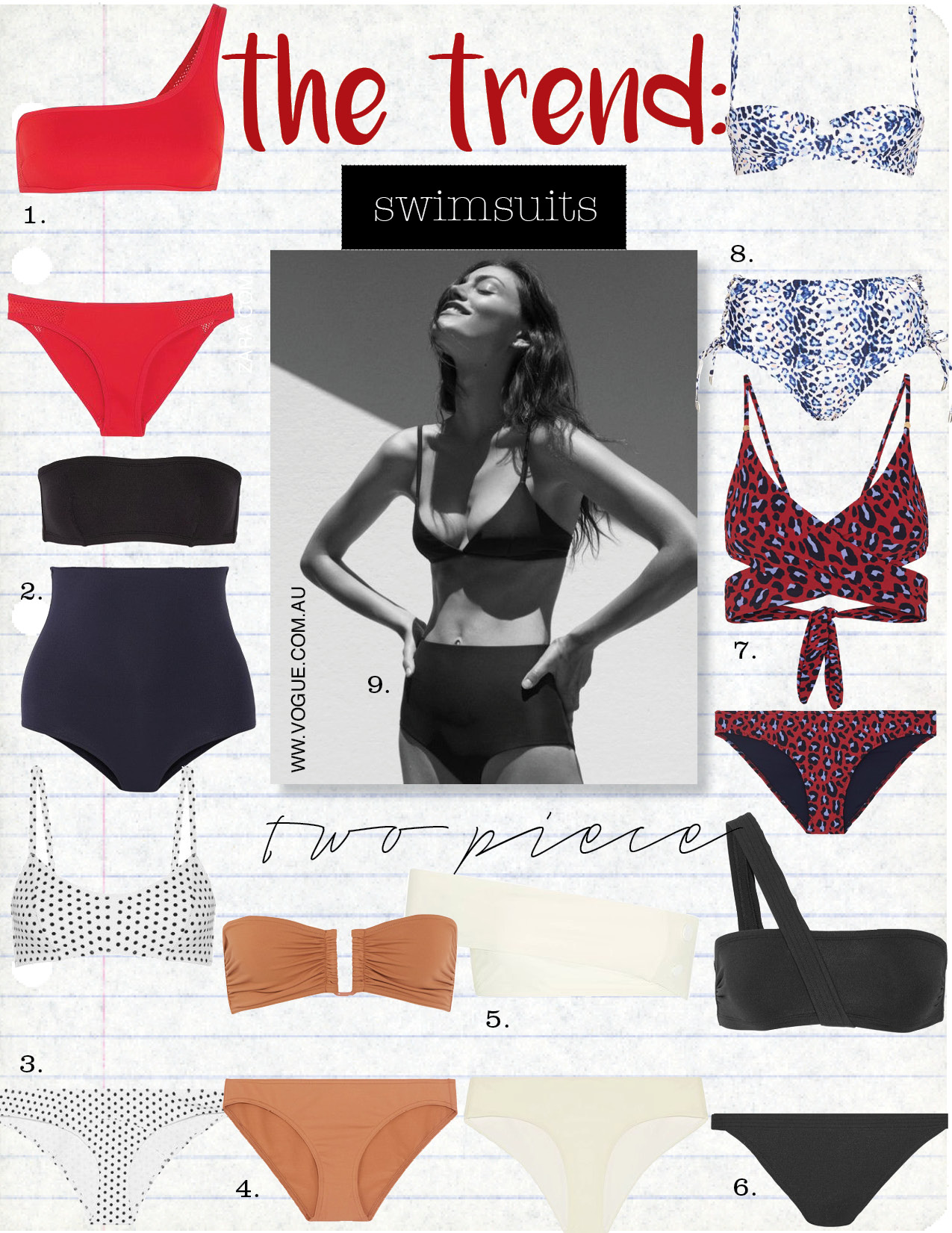 1. stella mccartney one-shoulder neoprene and mesh bikini, $250, net-a-porter.com 2. eres+ veronique leroy mark convertible bandeau swimsuit, $485, net-a-porter.com 3. lisa marie fernandez genevieve polka-dot bonded bikini, $315, net-a-porter.com 4. eres les essentiels show bandeau bikini top, $205 briefs, $125, net-a-porter.com 5. alix sagamore bandeau bikini top, $155, briefs, $100, net-a-porter.com 6. eres transat maurice one-shoulder bikini top, $290, briefs, $240, net-a-porter.com 7. stella mccartney leopard-print wrap swim top, $175, bottom, $105, bergdorfgoodman.com 8. topshop leopard print balconette bikini top, $35, bottom, $30, topshop.com 9. matteau swim petite triangle top in black, $120, mallory highwaisted hipster, $115, needsupply.com