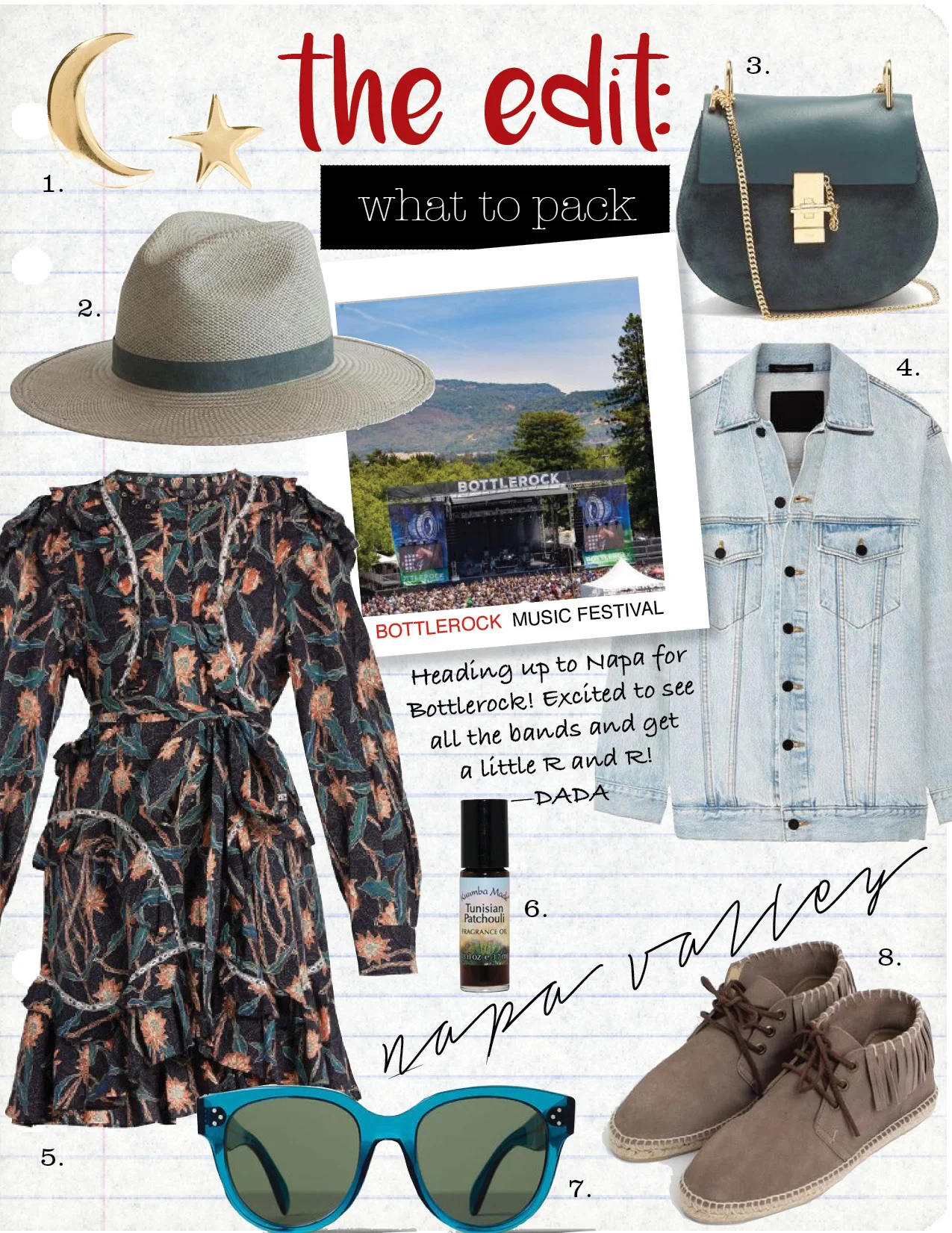 1. catbird tiny dancer 14-karat gold earrings, $115, net-a-porter.com 2. janessa leone marion straw hat, $300, janessaleone.com 3. chloe drew small leather and suede cross-body bag, $1487, matchesfashion.com 4. alexander wang daze oversized denim jacket, $450, net-a-porter.com 5. isabel marant ullo floral-print cotton dress, $840, net-a-porter.com (and on sale in store) 6. tunisian patchouli oil, $10, kuumbamade.com (and avail at whole foods) 7. celine audrey sunglasses, $300, celine.com 8. cherokee high top espadrille, $170, shopheist.com 9. Bottlerock 