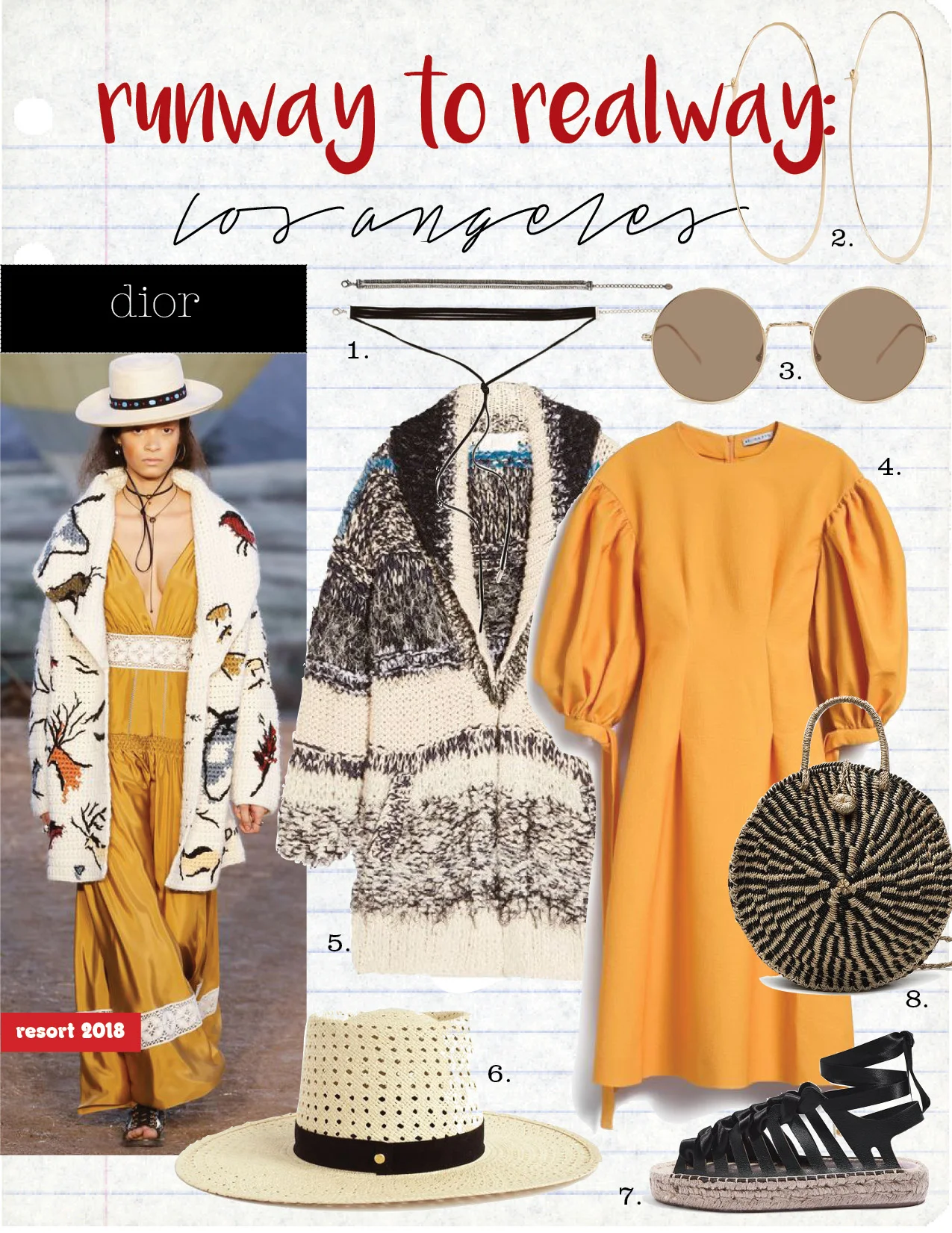 1. zara 2-pack chokers, $22, zara.com 2. melissa joy manning 14k gold hoop earrings, $440, net-a-porter.com 3. illesteva porto cervo in gold/brown, $195, needsupply.com 4. rejina pyo jamie dress, $941, needsupply.com 5. chloe oversized chunky-knit cardigan, $1397, net-a-porter.com 6. janessa leone claire straw hat, $300, janessaleone.com 7. topshop krown lace espadrilles, $95, topshop.com 8. abaca ticao bag in 2- tone, $95, needsupply.com