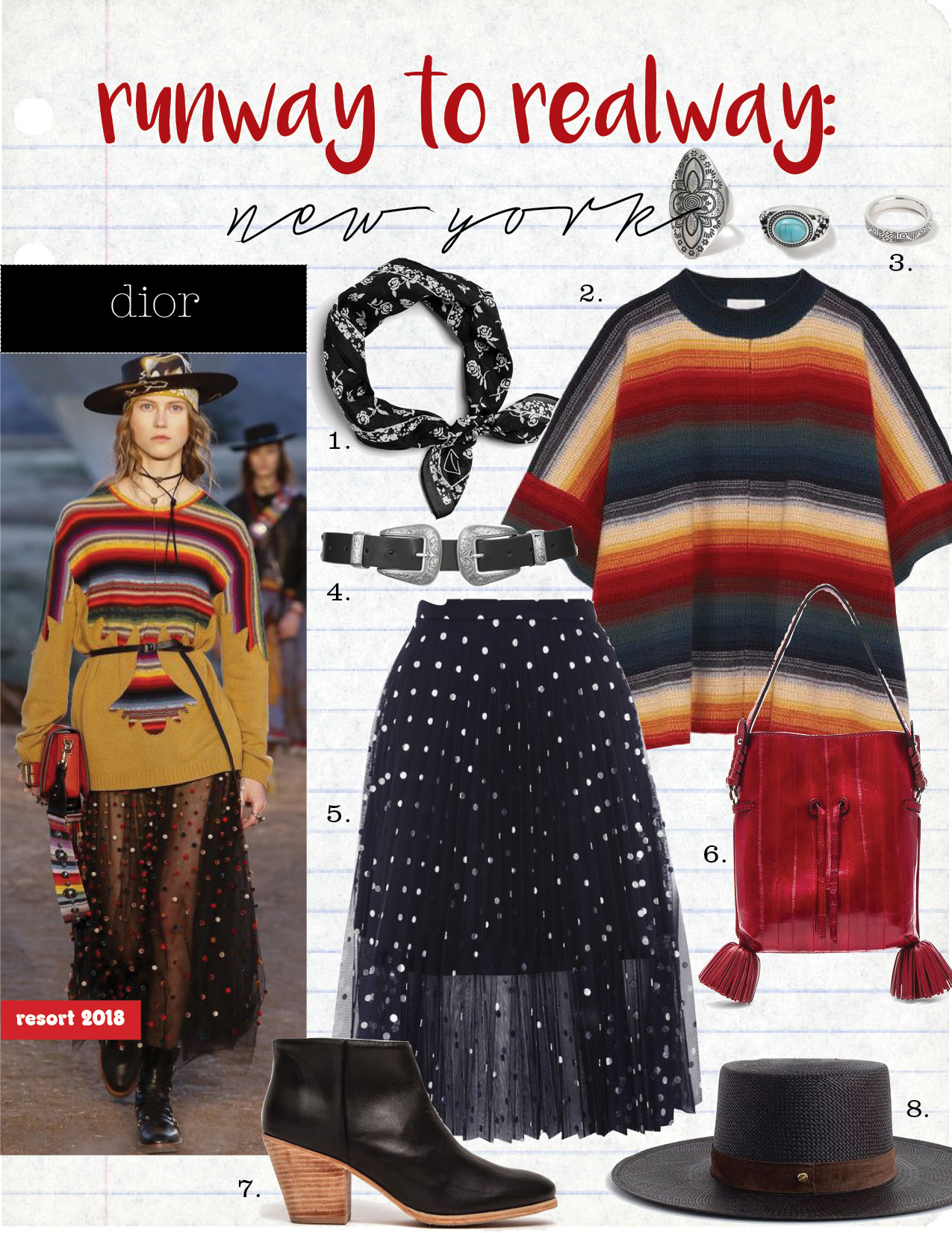 1. rag & bone floral bandana, $65, rag-bone.com 2. chloe merino wool and cashmere-blend poncho, $945, net-a-porter.com 3. topshop ethnic ring multipack, $18, topshop.com 4. topshop double buckle western belt, $38, topshop.com 5. topshop petite foil spotted pleat skirt, $100, topshop.com 6. altuzarra ghianda ete small bag, $1495, fwrd.com 7. rachel comey mars ankle boot, $426, needsupply.com 8. janessa leone black straw lina hat, $300, janessaleone.com