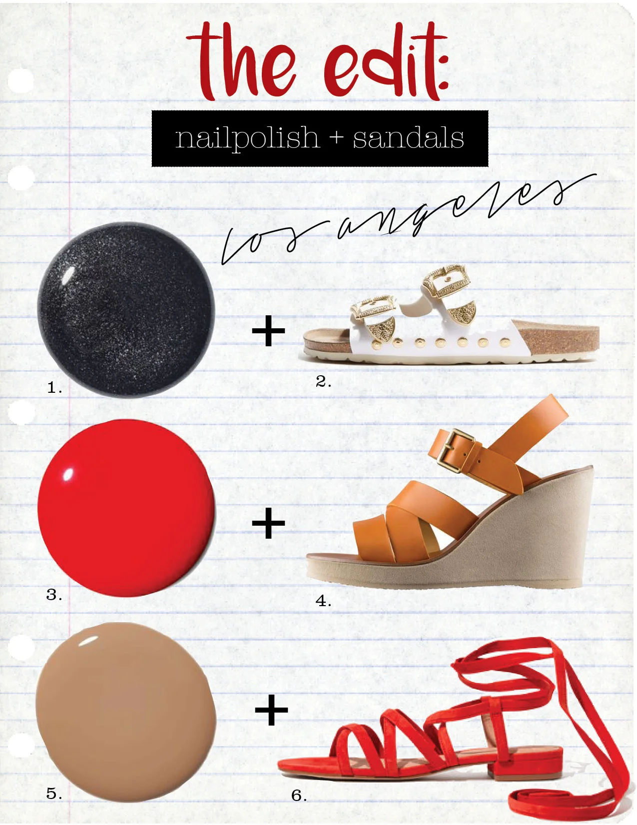1. tom ford noir nail lacquer in black out, $35, violetgrey.com 2. topshop falcon buckle sandals, $68, topshop.com 3. chanel le vernis longwear nail colour in gitane, $28, violetgrey.com 4. a.p.c. paola wedge sandals, $455, usaonline.apc.fr 5. rgb nail color creme in toast, $18, violetgrey.com 6. madewell holly ankle-wrap sandal, $79, madewell.com