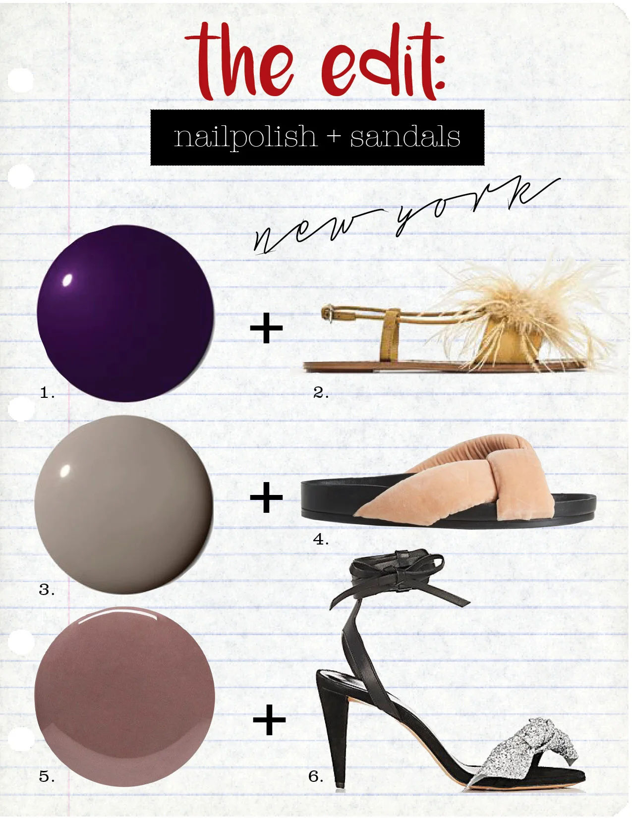 1. chanel le vernis longwear nail color in roubachka, $28, violetgrey.com 2. zara flat sandals with feathers, $49, zara.com 3. chanel le vernis longwear nail colour in garconne, $28, violetgrey.com 4. chloe nolan velvet slides, $555, matchesfashion.com 5. tom ford beauty nail polish in black sugar, $35, net-a-porter.com 6. isabel marant akynn suede & leather sandals, $620, barneys.com