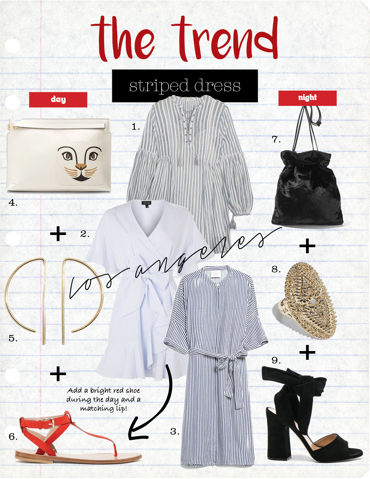 1. ulla johnson helena striped cotton-gauze mini dress, $300, net-a-porter.com 2. topshop stripe ruffle wrap dress, $90, topshop.com 3. just female beach shirt dress, $130, needsupply.com 4. loewe cat t leather pouch, $968, matchesfashion.com 5. and other stories geometric hoop earring, $19, stories.com 6. and other stories suede thong sandals, $85, stories.com 7. miu miu suede-trimmed velvet clutch, $800, net-a-porter.com 8. and other stories embellished ring, $39, stories.com 9. gianvito rossi suede ankle tie heels, $845, fwrd.com