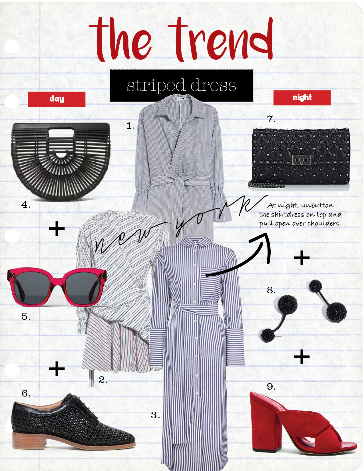 1. farrow striped wrap dress in black, $62, needsupply.com 2. balenciaga gathered wrap-effect striped jacquard mini dress, $1995, net-a-porter.com 3. topshop stripe shirt dress by boutique, $140, topshop.com 4. cult gaia small gaia's ark in black, $112, needsupply.com 5. celine new audrey sunglasses, $300, celine.com 6. and other stories leather braided mens dressed shoes, $155, stories.com 7. valentino rockstud spike shoulder bag, $1545, barneys.com 8. madewell beaded party earrings, $28, madewell.com 9. alumnae soft x-slide block suede heel sandals, $525, fwrd.com
