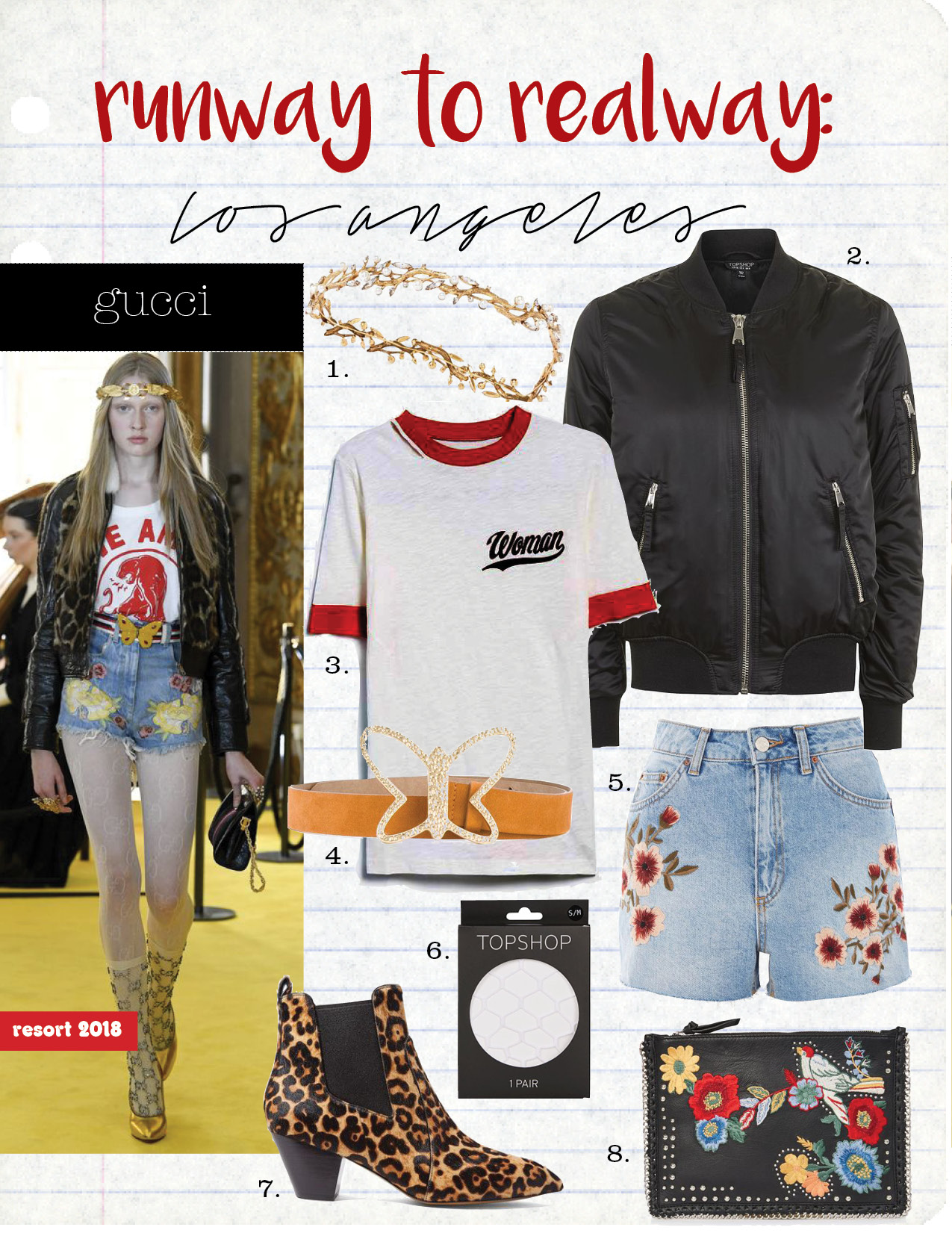 1. lelet ny gold-plated, swarovski crystal and faux pearl headband, $800, net-a-porter.com 2. topshop ma1 bomber jacket, $75, topshop.com 3. off-white thanks ripped tee, $226, needsupply.com 4. see by chloe butterfly buckle belt, $228, farfetch.com 5. topshop moto blossom embroidered mom jeans, $65, topshop.com 6. topshop supersize fishnets tights, $12, topshop.com 7. marc jacobs kim leopard-print calf hair chelsea boots, $225, net-a-porter.com 8. topshop leather embroidered cross body bag, $70, topshop.com