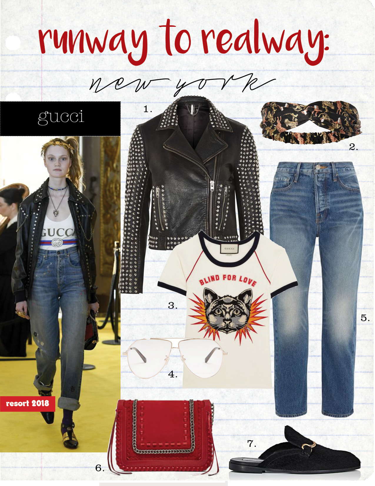 1. topshop studded leather biker jacket, $420, topshop.com 2. topshop tiger silky headband, $12, topshop.com 3. gucci appliqued printed cotton-jersey T-shirt, $990, net-a-porter.com 4. stella mccartney oversized aviator glasses, $268, matchesfashion.com 5. frame le original cropped high-rise straight-leg jeans, $270, net-a-porter.com 6. zara red leather cross body bag, $89, zara.com 7. stella mccartney chain-strap faux-fur slipper slides, $640, barneys.com