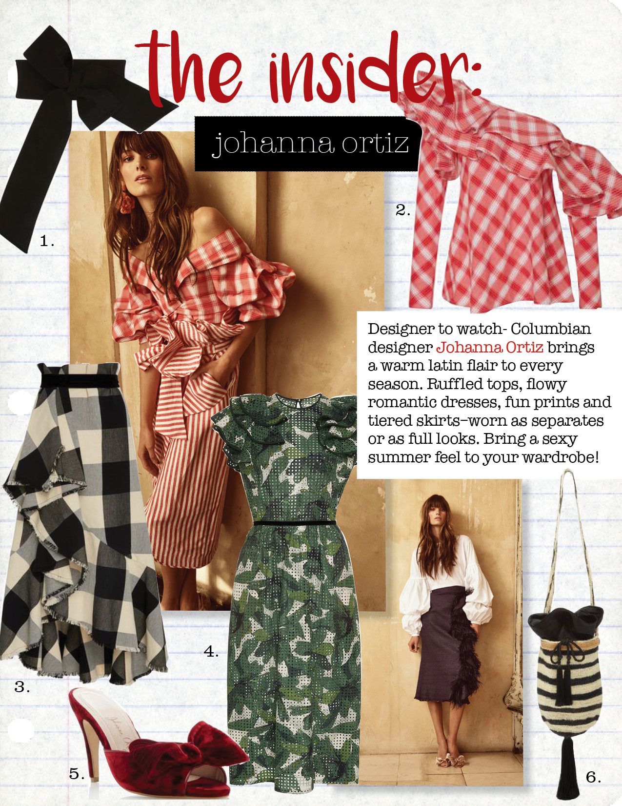 1. johanna ortiz san benito silk belt, $295, modaoperandi.com 2. johanna ortiz mangas coloradas tartan top, $995, modaoperandi.com 3. johanna ortiz bosque del apache skirt, $1650, modaoperandi.com 4. johanna ortiz desert willow eyelet dress, $1750, modaoperandi.com 5. johanna ortiz la condesa mule, $550, modaoperandi.com 6. johanna ortiz sierra nevada mochila, $450, modaoperandi.com