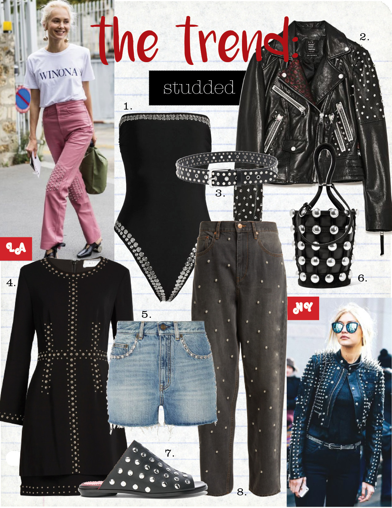 1. norma kamali bishop studded swimsuit, $525, matchesfashion.com 2. zara studded biker jacket, $99, zara.com 3. isabel marant rica studded belt, $295, isabelmarant.com 4. a.l.c madison stud-embellished cady dress, $486, matchesfashion.com 5. saint laurent studded high-rise denim shorts, $470, net-a-porter.com 6. alexander wang roxy studded suede-trimmed leather bucket bag, $595, net-a-porter.com 7. proenza schouler studded leather sandals, $720, fwrd.com 8. isabel marant etoile curt studded oversize boyfriend fit jeans, $485, isabelmarant.com